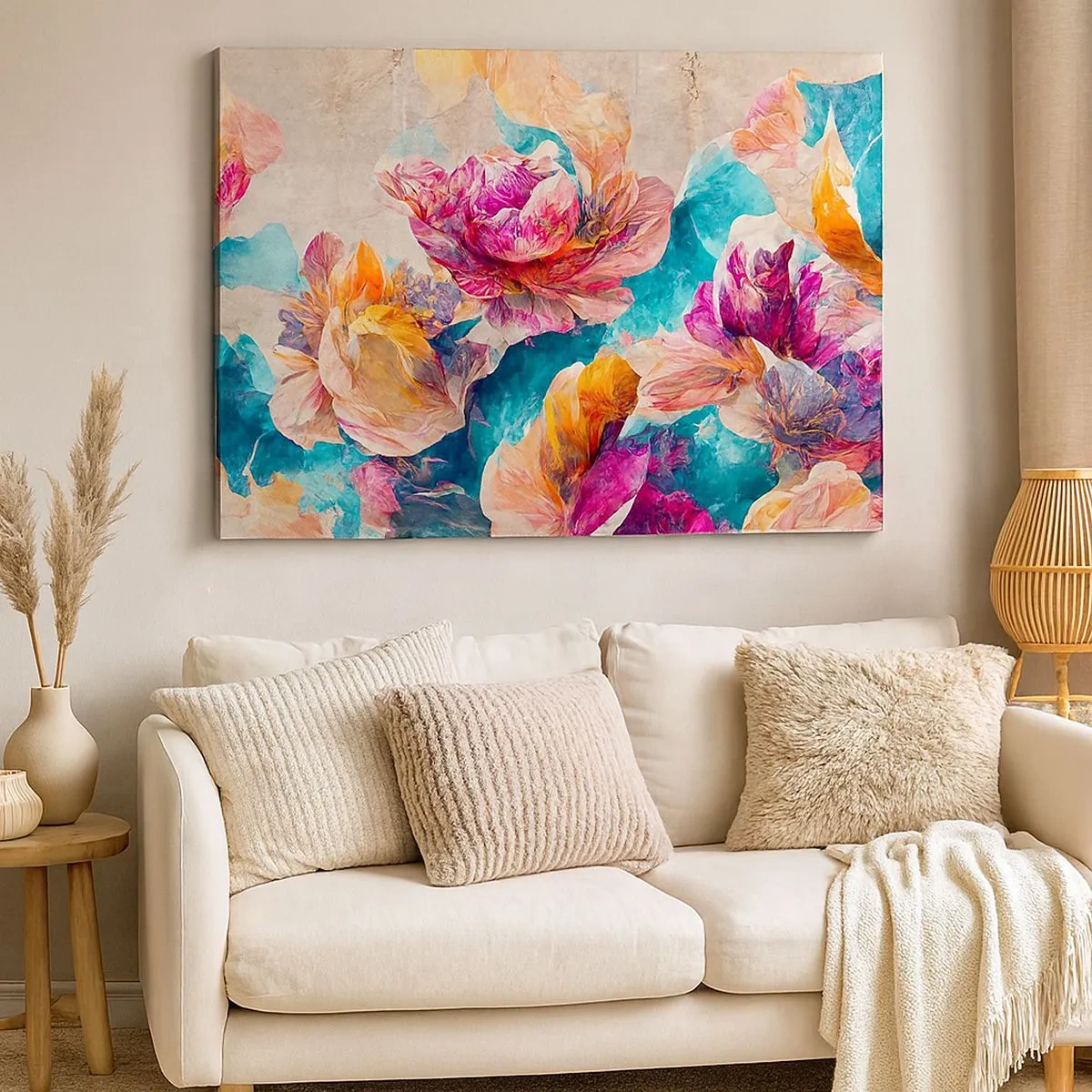 Cuadro sobre lienzo - Impresión de Imagen - Flores de colores sobre un fondo beige - 70x50cm - El colorido esplendor de un ramo - Decoración de pared moderna para salón y dormitorio ARTTOR