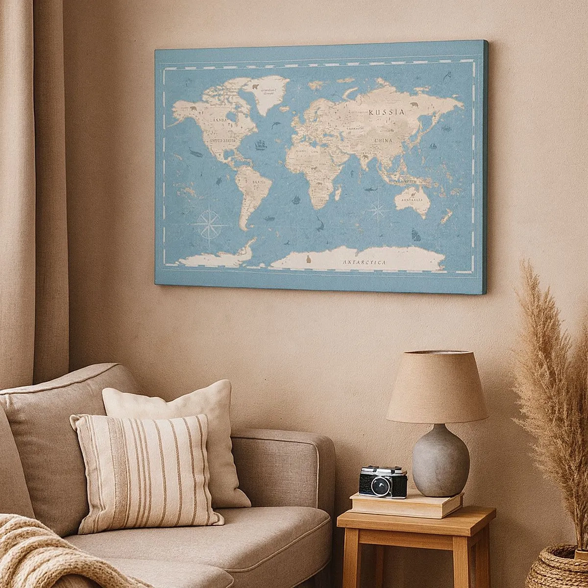 Cuadro sobre lienzo - Impresión de Imagen - Mapa del mundo decorativo en tonos azules y beige - 70x50cm - Un mundo al alcance de la mano - Decoración de pared moderna para salón y dormitorio ARTTOR