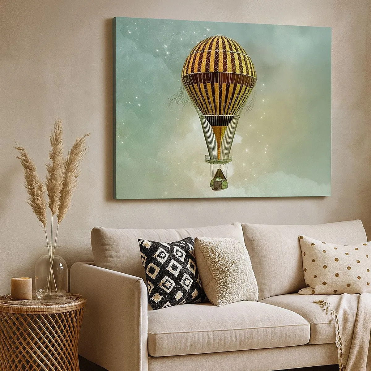 Cuadro sobre lienzo - Impresión de Imagen - Un globo aerostático flotando entre las nubes. - 70x50cm - Vuelos pioneros - Decoración de pared moderna para salón y dormitorio ARTTOR