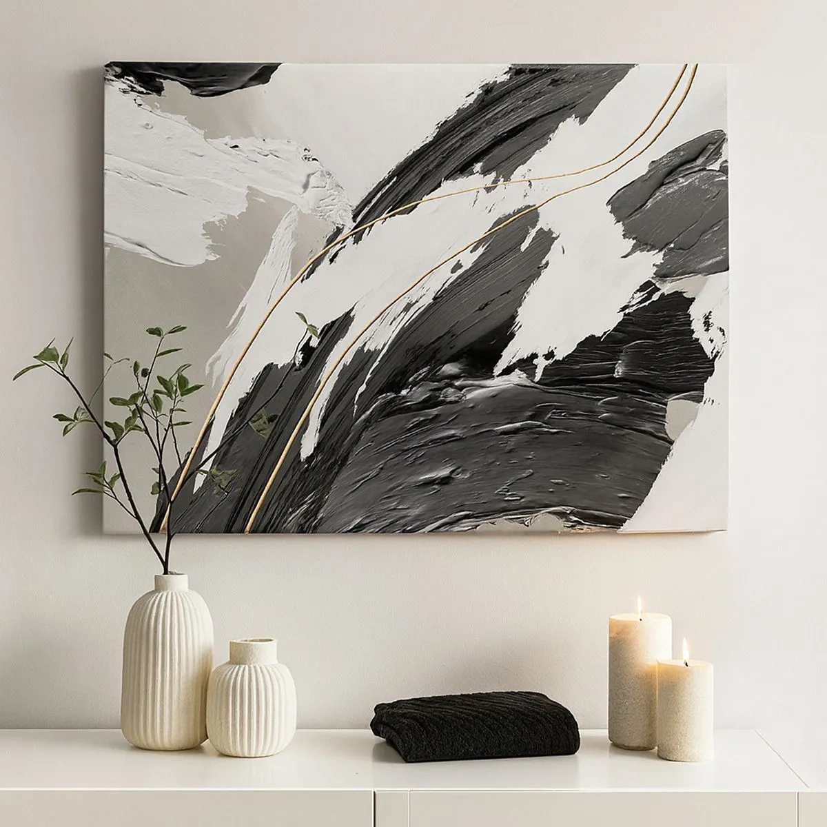 Cuadro sobre lienzo - Impresión de Imagen - Trazos de pintura en blanco y negro con un sutil acento dorado. - 70x50cm - Abstracción con estilo - Decoración de pared moderna para salón y dormitorio ARTTOR