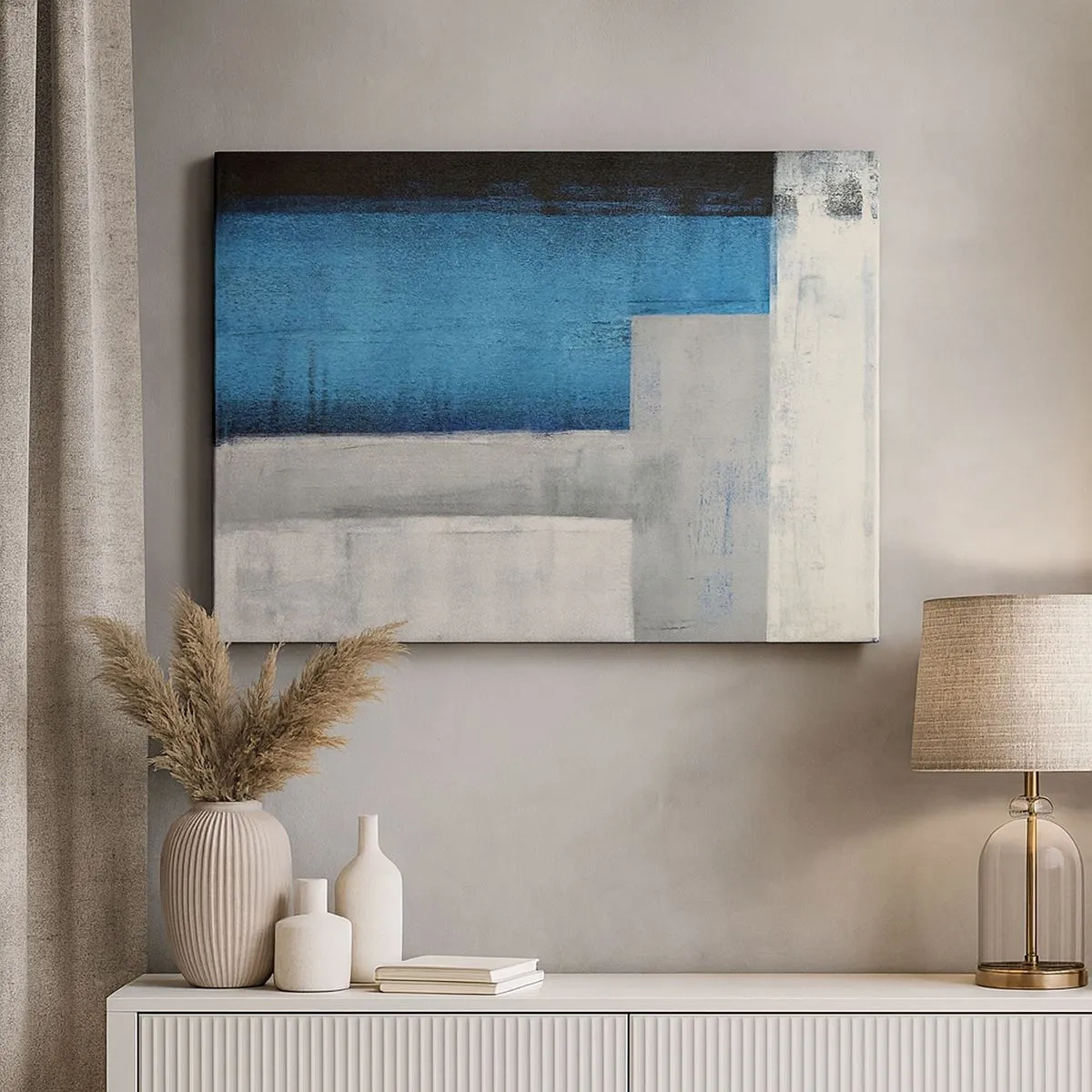 Cuadro sobre lienzo - Impresión de Imagen - Una composición abstracta con tonos de azul, gris y blanco. - 70x50cm - Composición poética de gris y azul - Decoración de pared moderna para salón y dormitorio ARTTOR