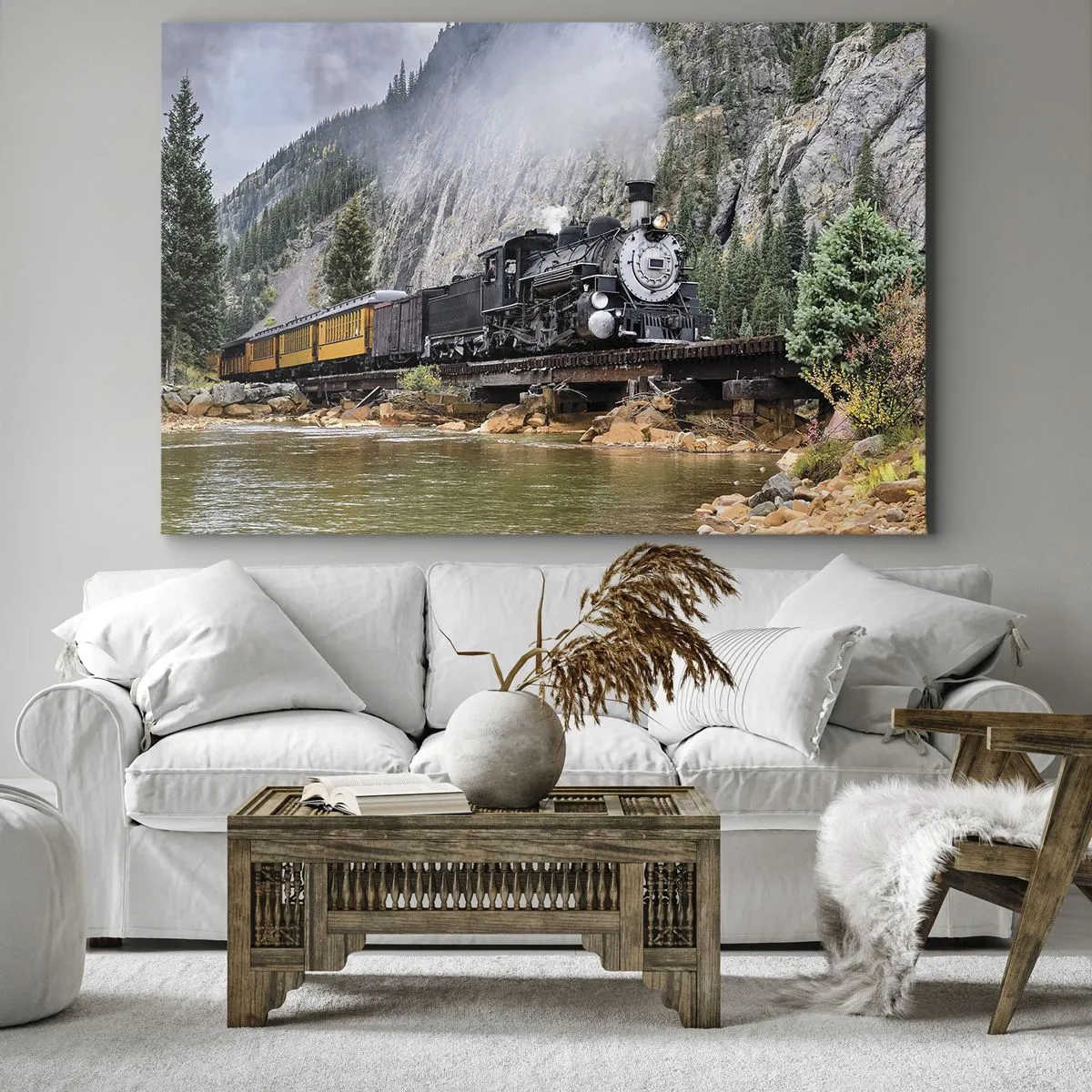 Cuadro sobre lienzo - Impresión de Imagen - Una locomotora de vapor en un puente en un pintoresco paisaje montañoso. - 70x50cm - ¿Adónde me llevas? - Decoración de pared moderna para salón y dormitorio ARTTOR