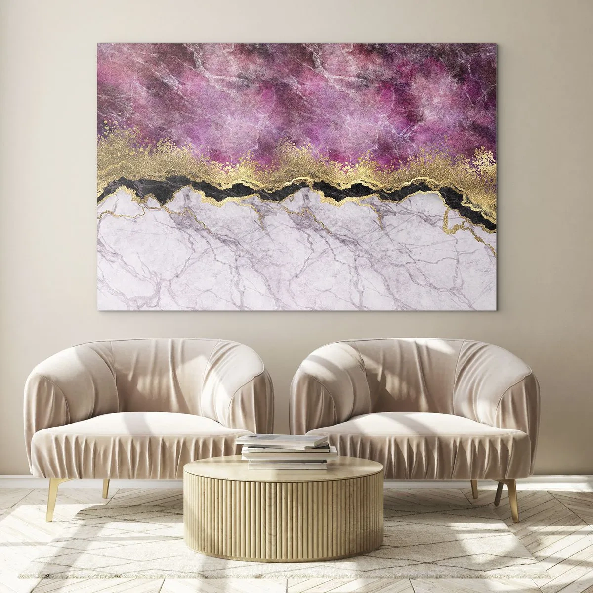 Cuadro sobre vidrio - Impresiones sobre Vidrio - Composición abstracta de mármol con acentos dorados y morados. - 70x50cm - En la frontera - Decoración de pared moderna para salón y dormitorio ARTTOR