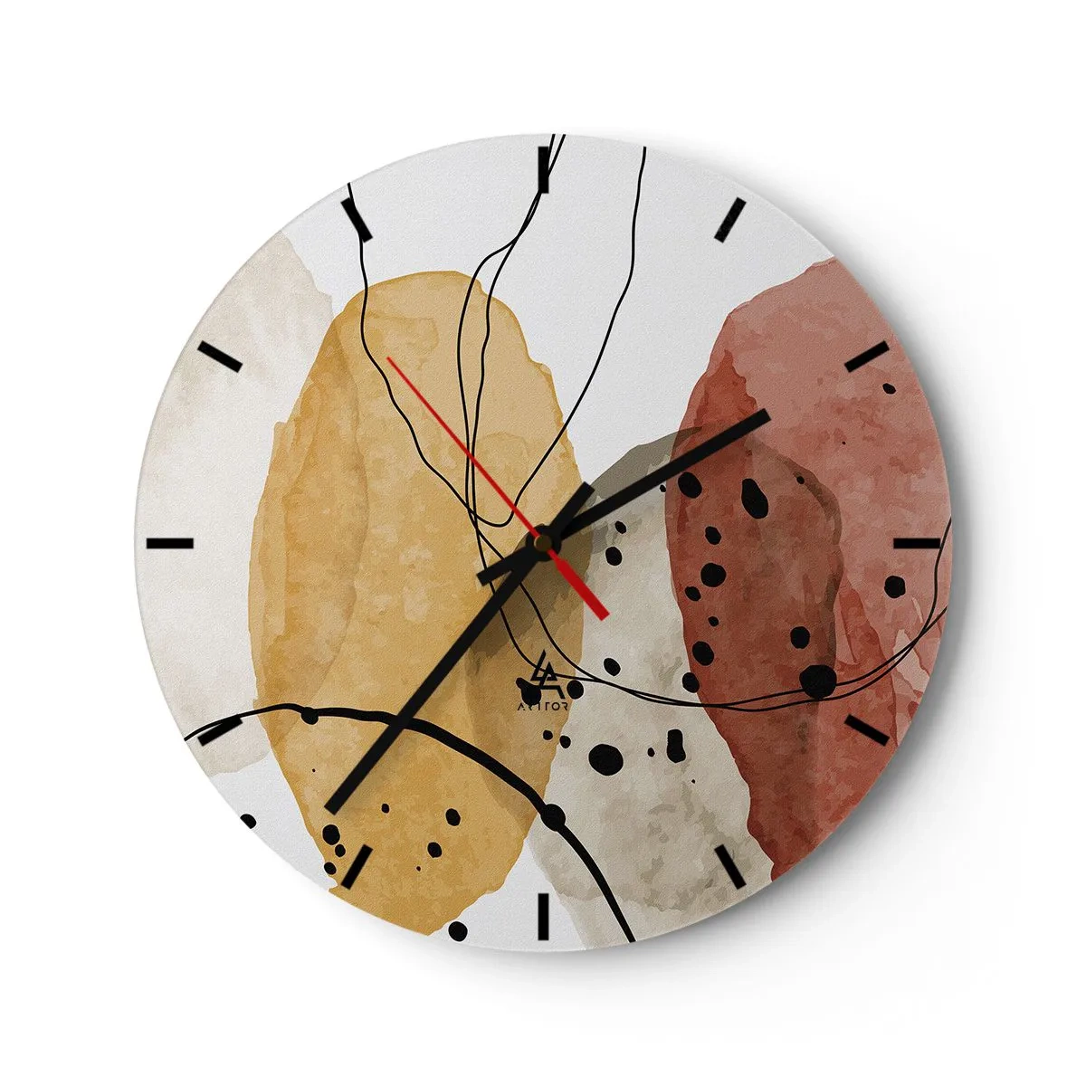 Reloj de pared - Reloj de vidrio - Formas abstractas de colores con líneas y puntos negros - 30x30cm - Líneas y transparencias - Decoración de pared moderna para salón, cocina y dormitorio ARTTOR