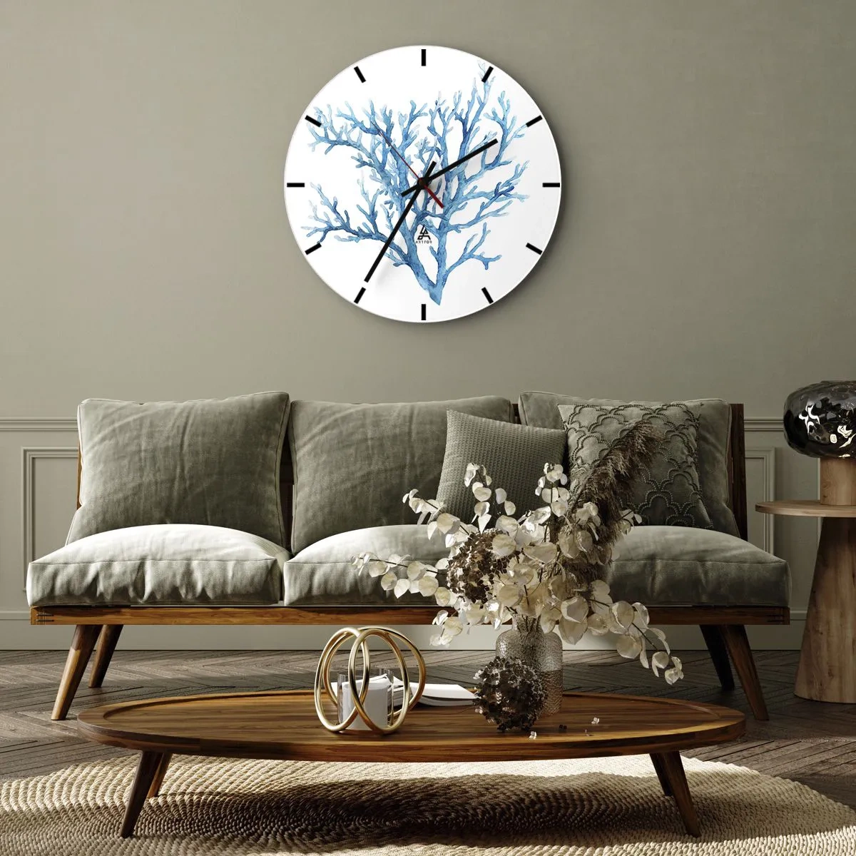 Reloj de pared - Reloj de vidrio - Ilustración de coral azul sobre fondo blanco - 30x30cm - Filigrana marina - Decoración de pared moderna para salón, cocina y dormitorio ARTTOR