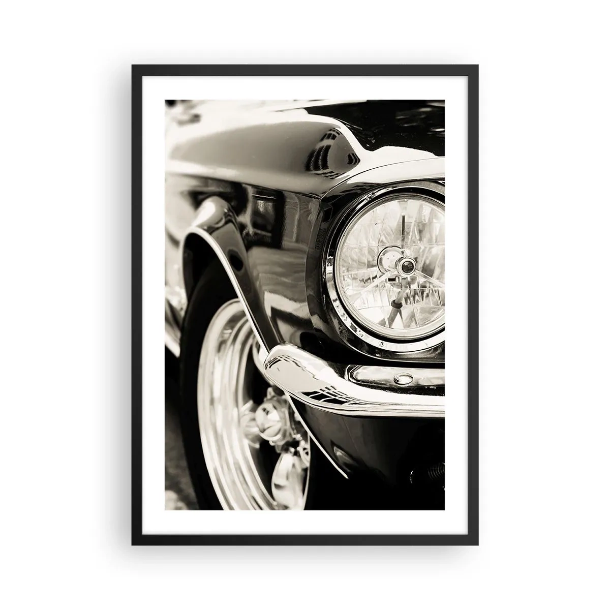Póster en marco negro - Un primer plano en blanco y negro del faro de un coche clásico. - 50x70cm - Brillo perdurable - Decoración de pared moderna para salón y dormitorio ARTTOR