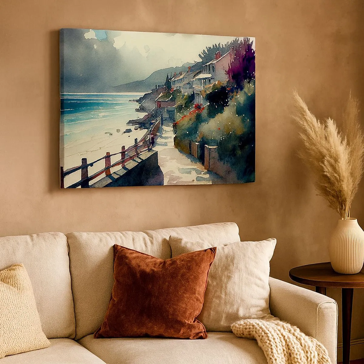Cuadro sobre lienzo - Impresión de Imagen - Paseo marítimo con casas y vegetación - 70x50cm - Ciudad mediterránea - Decoración de pared moderna para salón y dormitorio ARTTOR