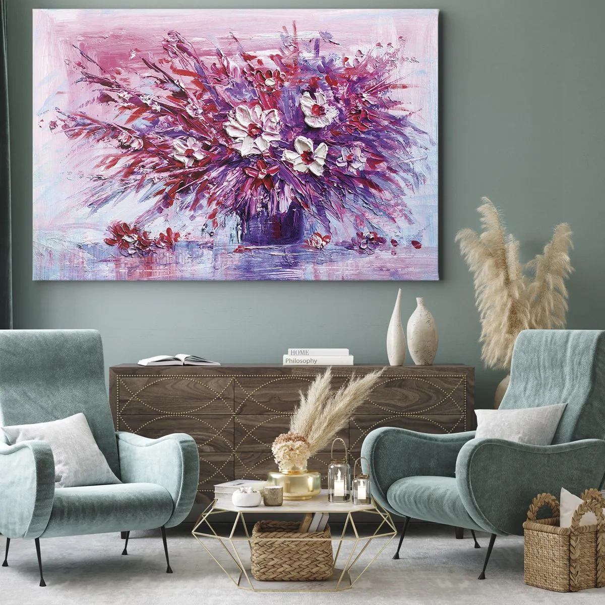 Cuadro sobre lienzo - Impresión de Imagen - Un colorido ramo de flores en tonos rosa y morado. - 70x50cm - Inocencia y pasión - Decoración de pared moderna para salón y dormitorio ARTTOR