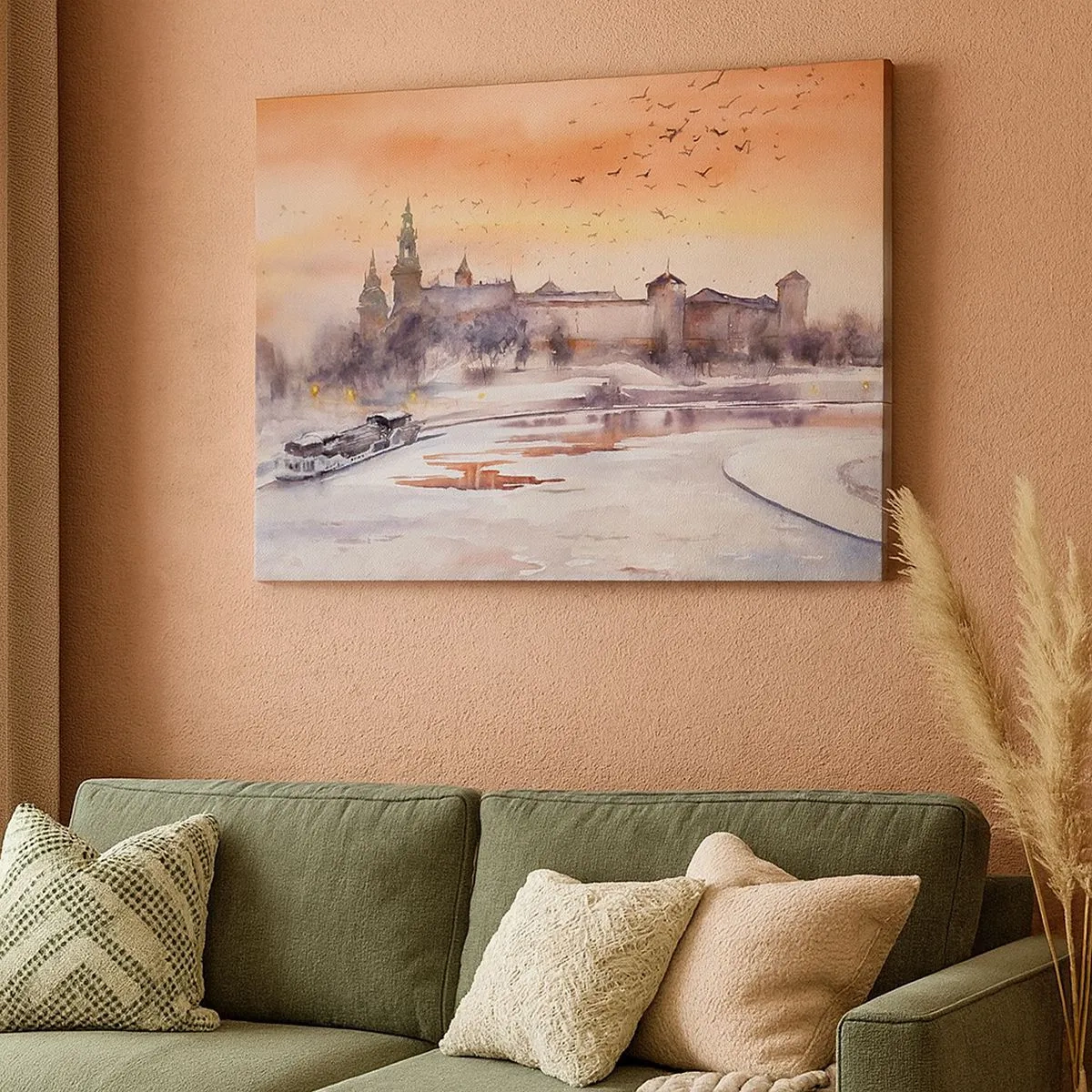 Cuadro sobre lienzo - Impresión de Imagen - Puesta de sol sobre el castillo en un paisaje invernal - 70x50cm - Atardecer real - Decoración de pared moderna para salón y dormitorio ARTTOR