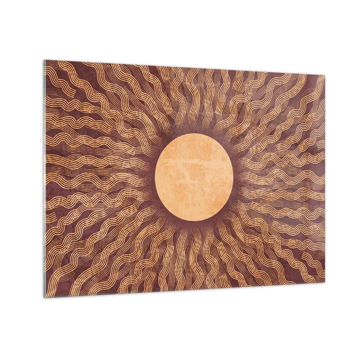 Cuadro sobre vidrio - Impresiones sobre Vidrio - Un sol estilizado con rayos en forma de líneas onduladas sobre un fondo marrón. - 70x50cm - Icono del sol - Decoración de pared moderna para salón y dormitorio ARTTOR