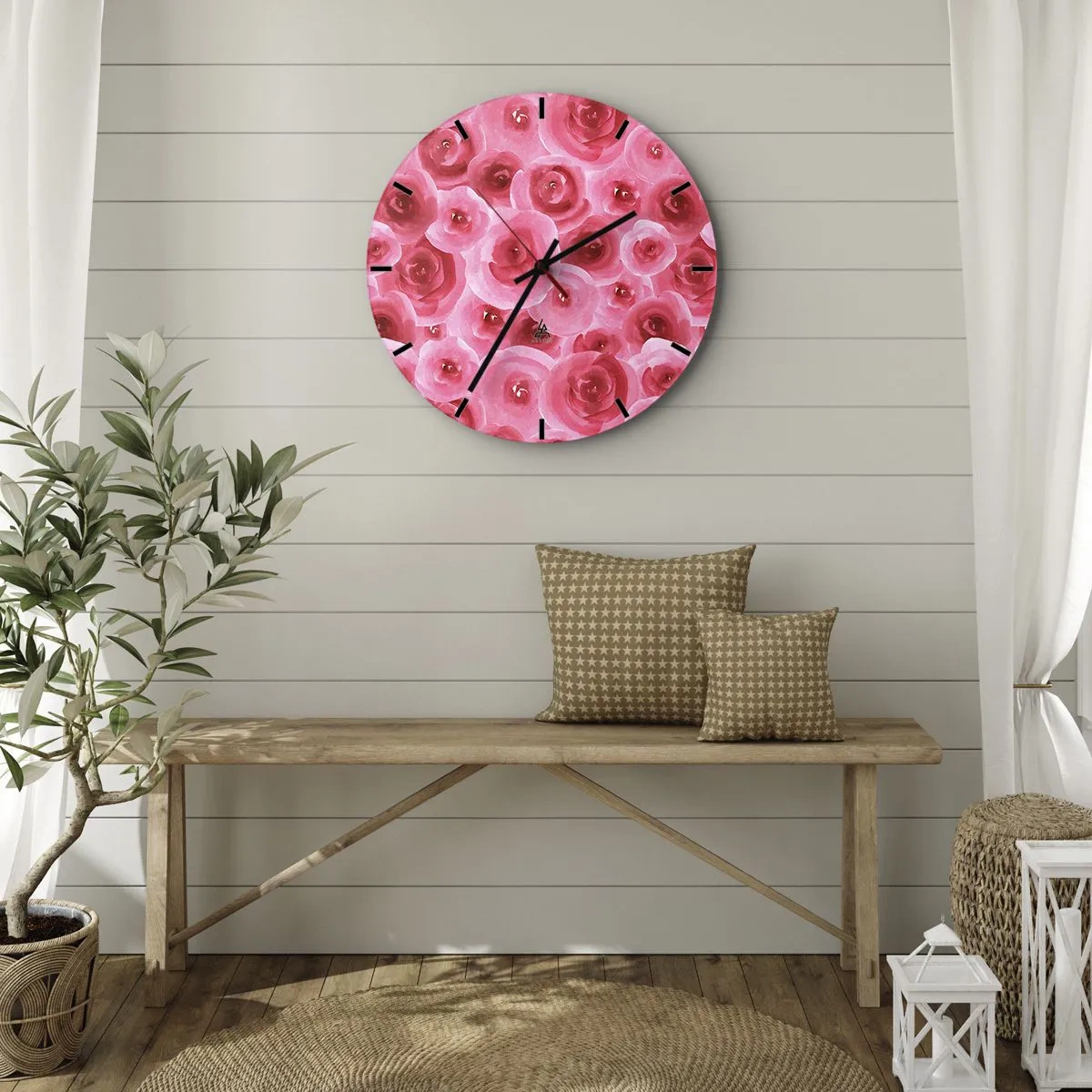 Reloj de pared - Reloj de vidrio - Rosas rojas de acuarela sobre un fondo claro - 30x30cm - Rosas abajo y arriba - Decoración de pared moderna para salón, cocina y dormitorio ARTTOR