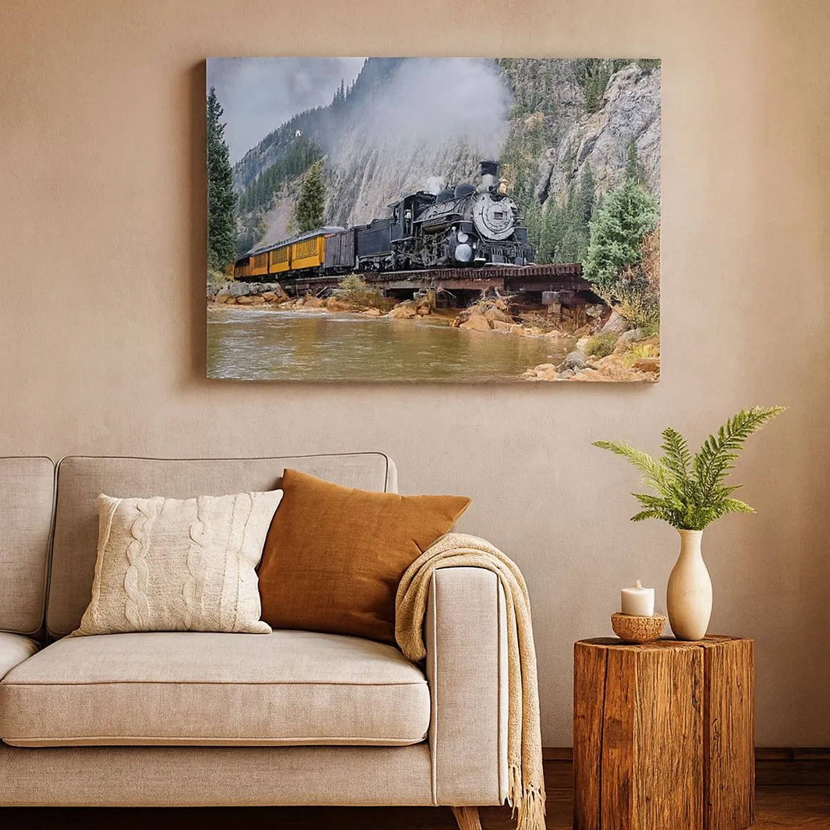 Cuadro sobre lienzo - Impresión de Imagen - Una locomotora de vapor en un puente en un pintoresco paisaje montañoso. - 70x50cm - ¿Adónde me llevas? - Decoración de pared moderna para salón y dormitorio ARTTOR
