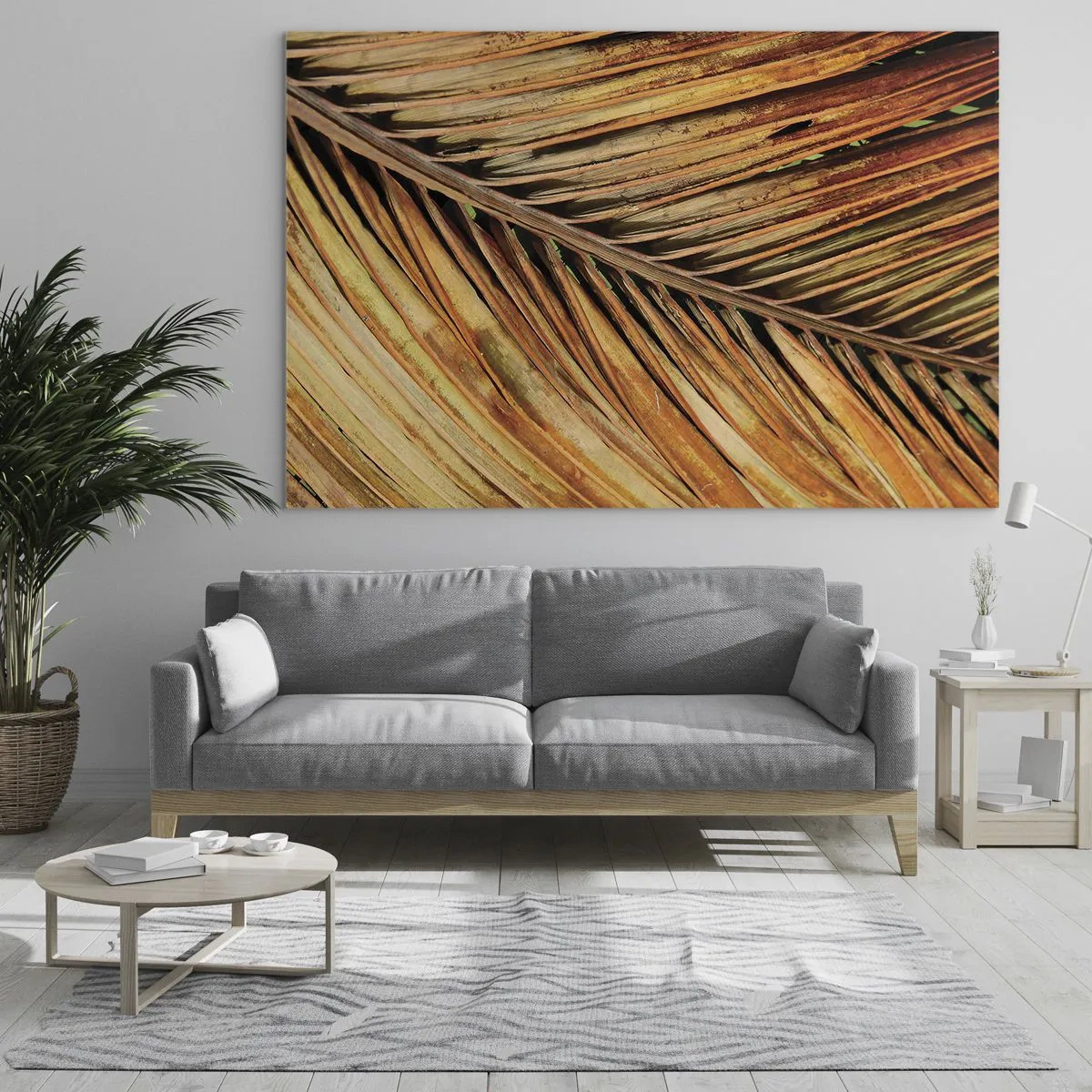 Cuadro sobre vidrio - Impresiones sobre Vidrio - Primer plano de hojas de palma secas y doradas - 70x50cm - Oro de coco - Decoración de pared moderna para salón y dormitorio ARTTOR