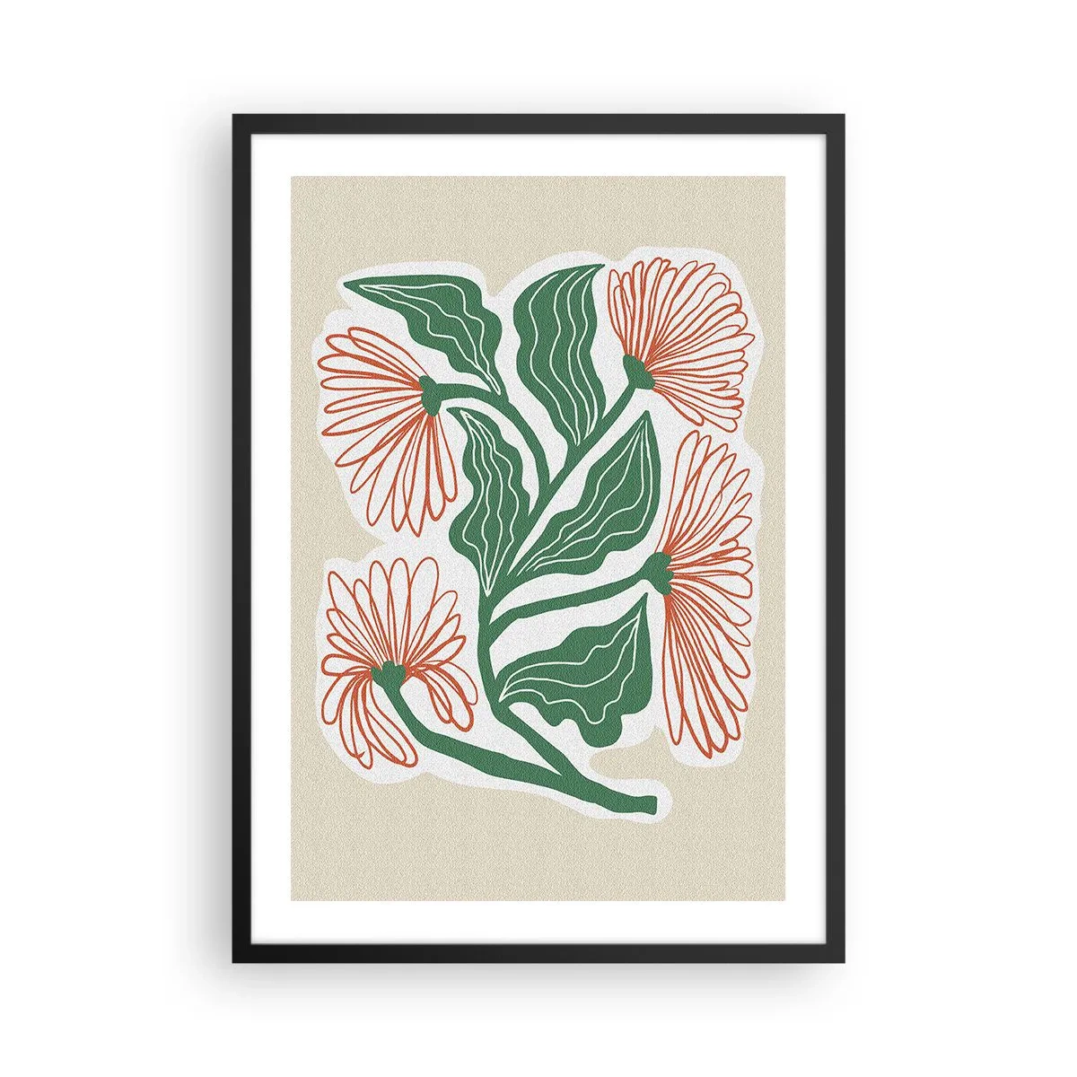 Póster en marco negro - Motivo abstracto de flores y hojas sobre un fondo beige - 50x70cm - Folclórico y moderno - Decoración de pared moderna para salón y dormitorio ARTTOR