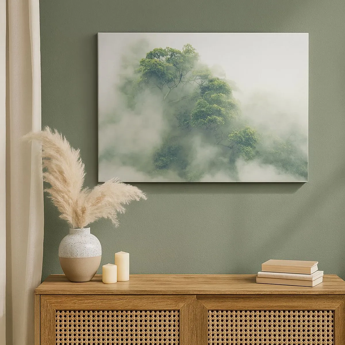 Cuadro sobre lienzo - Impresión de Imagen - Árboles verdes en una espesa niebla contra un fondo natural - 70x50cm - Envuelto en niebla - Decoración de pared moderna para salón y dormitorio ARTTOR