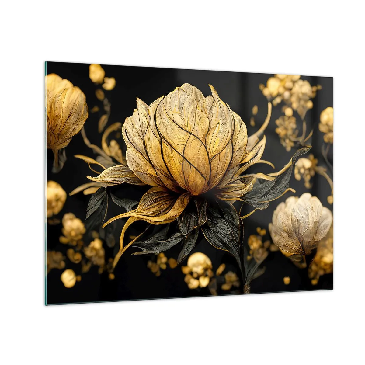 Cuadro sobre vidrio - Impresiones sobre Vidrio - Flores doradas sobre fondo negro en una elegante composición. - 70x50cm - Sutil fragilidad - Decoración de pared moderna para salón y dormitorio ARTTOR