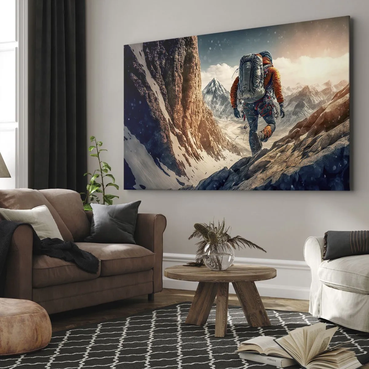 Cuadro sobre lienzo - Impresión de Imagen - Un escalador en un sendero de montaña en un paisaje invernal. - 70x50cm - Guerrero solitario - Decoración de pared moderna para salón y dormitorio ARTTOR
