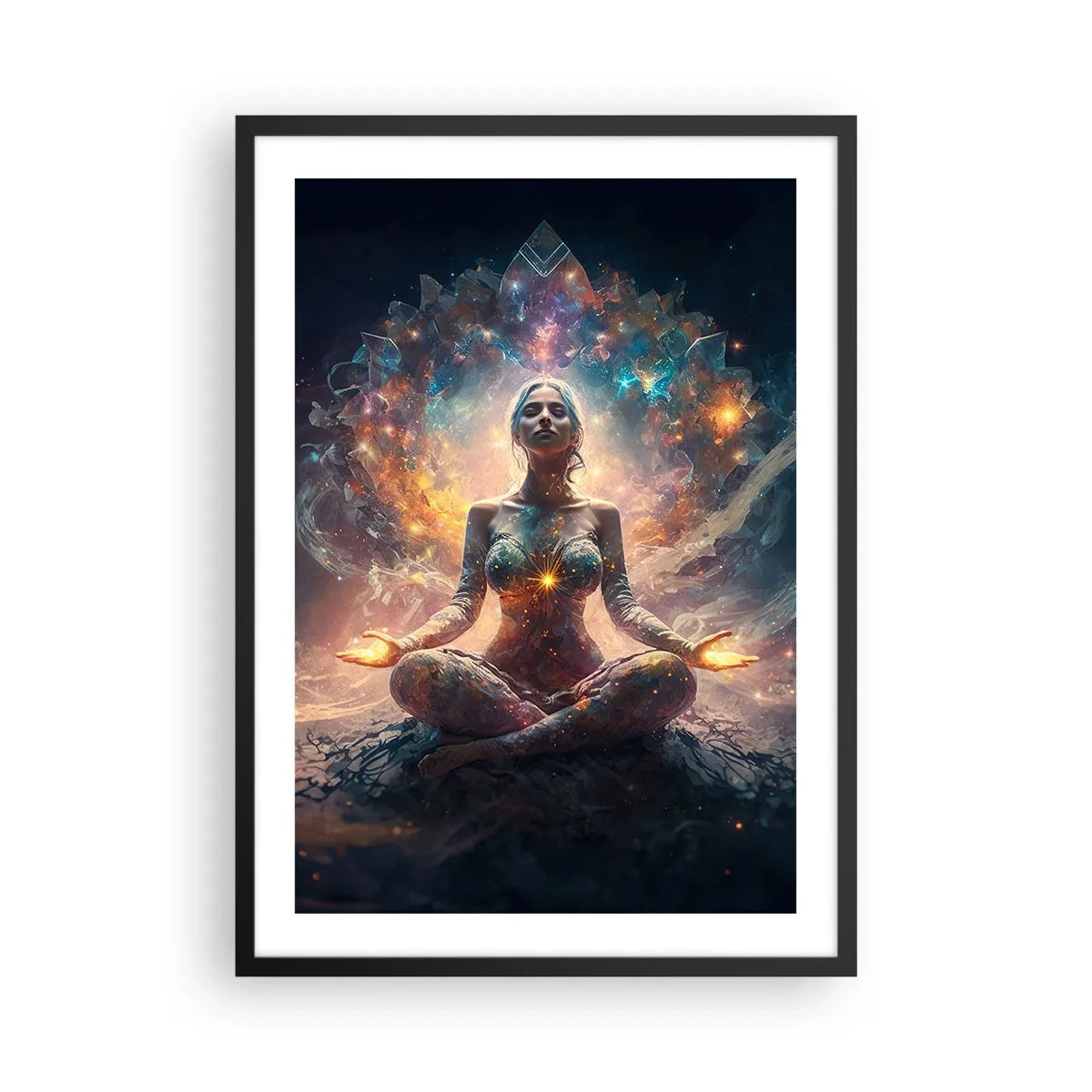 Póster en marco negro - Meditación mística rodeada de energía cósmica. - 50x70cm - Flujo de buena energía - Decoración de pared moderna para salón y dormitorio ARTTOR