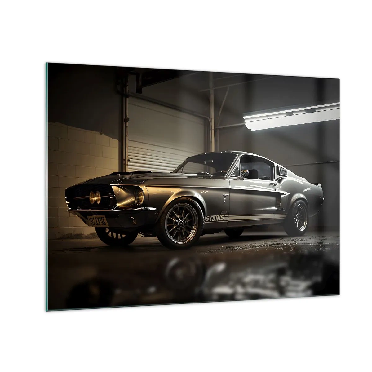 Cuadro sobre vidrio - Impresiones sobre Vidrio - Coche clásico en garaje bajo iluminación industrial. - 70x50cm - Un retorno al pasado - Decoración de pared moderna para salón y dormitorio ARTTOR