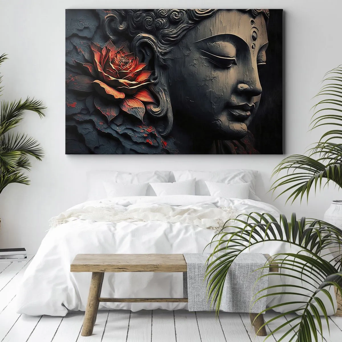 Cuadro sobre lienzo - Impresión de Imagen - Escultura de Buda con una flor de loto roja. - 70x50cm - En sintonía con el mundo - Decoración de pared moderna para salón y dormitorio ARTTOR