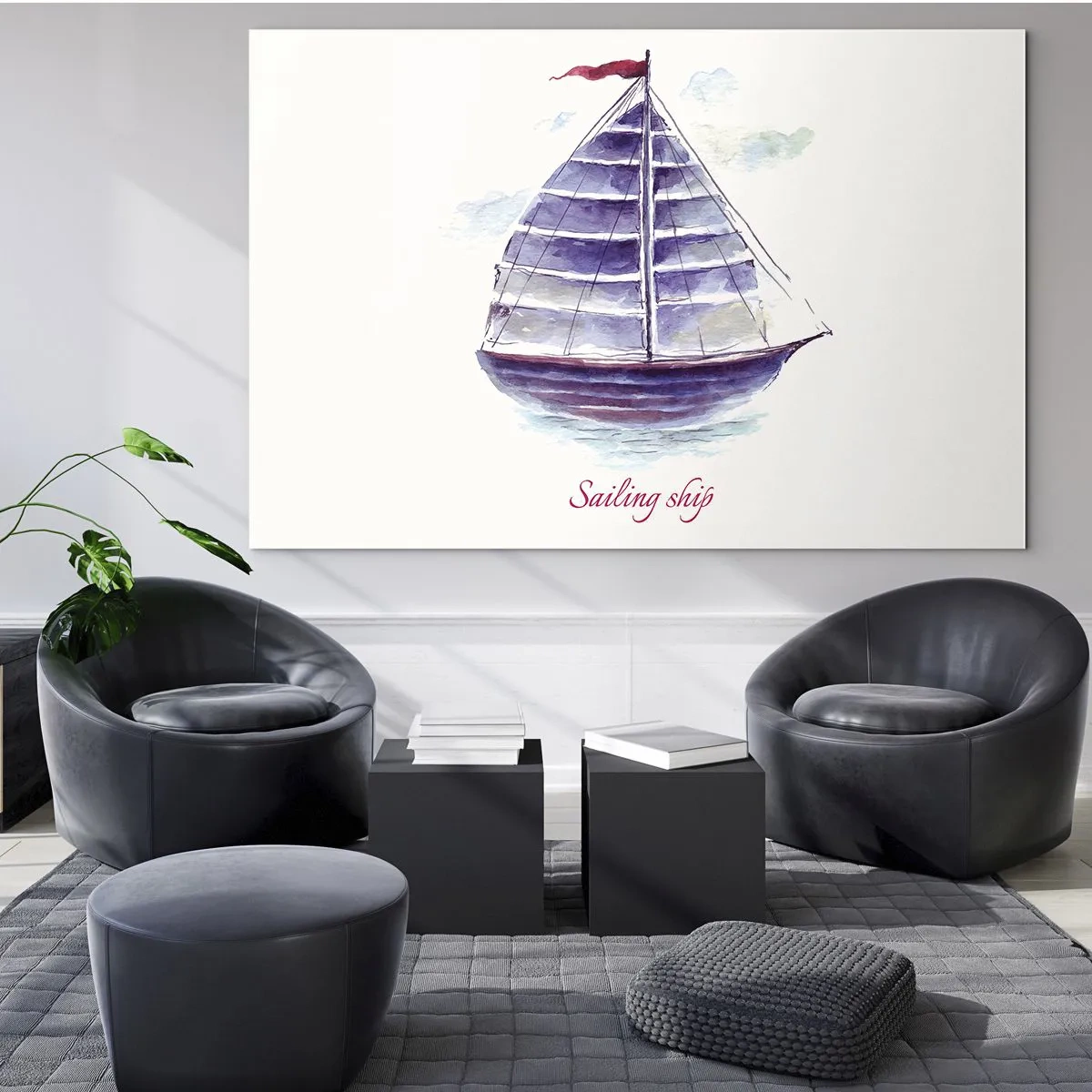 Cuadro sobre vidrio - Impresiones sobre Vidrio - Barco de vela de acuarela con la inscripción Velero - 70x50cm - Velas izadas y aguas tranquilas - Decoración de pared moderna para salón y dormitorio ARTTOR