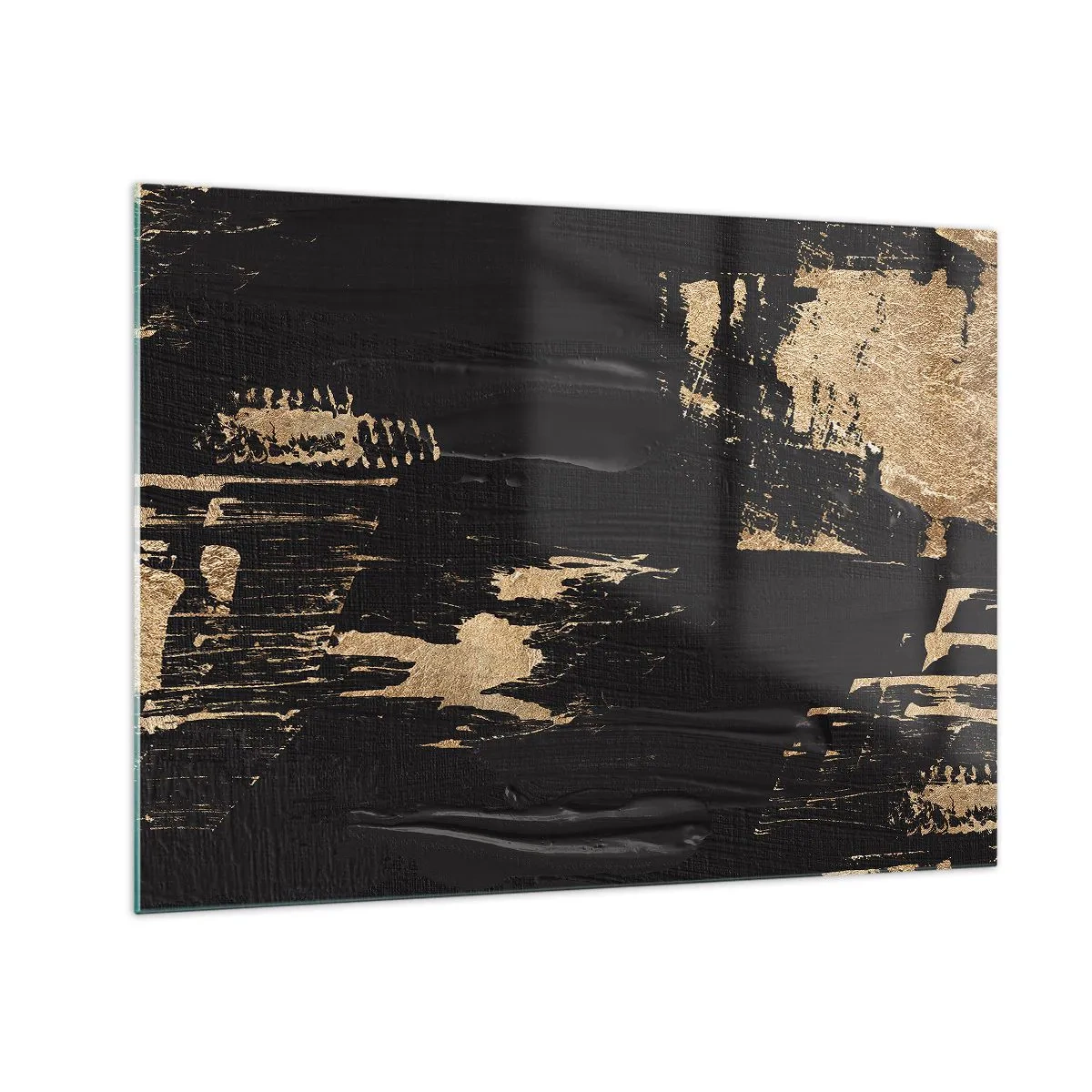 Cuadro sobre vidrio - Impresiones sobre Vidrio - Abstracción negra y dorada con una textura similar a una pincelada. - 70x50cm - Un rastro de tacto - Decoración de pared moderna para salón y dormitorio ARTTOR