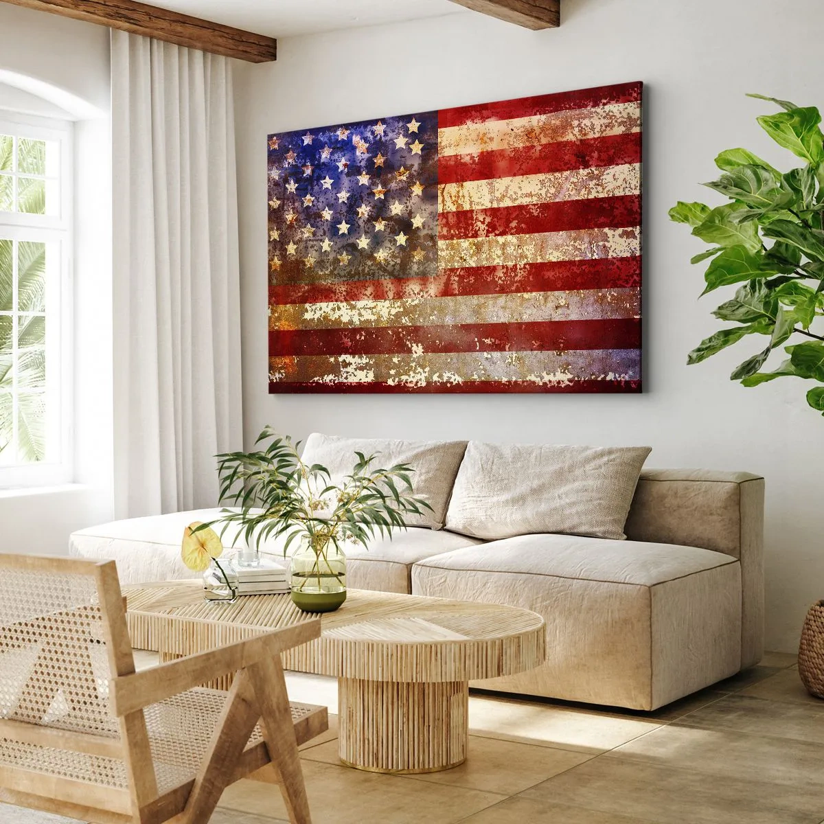 Cuadro sobre lienzo - Impresión de Imagen - Bandera estadounidense estilizada con efecto envejecido - 70x50cm - La gloria no pasa - Decoración de pared moderna para salón y dormitorio ARTTOR