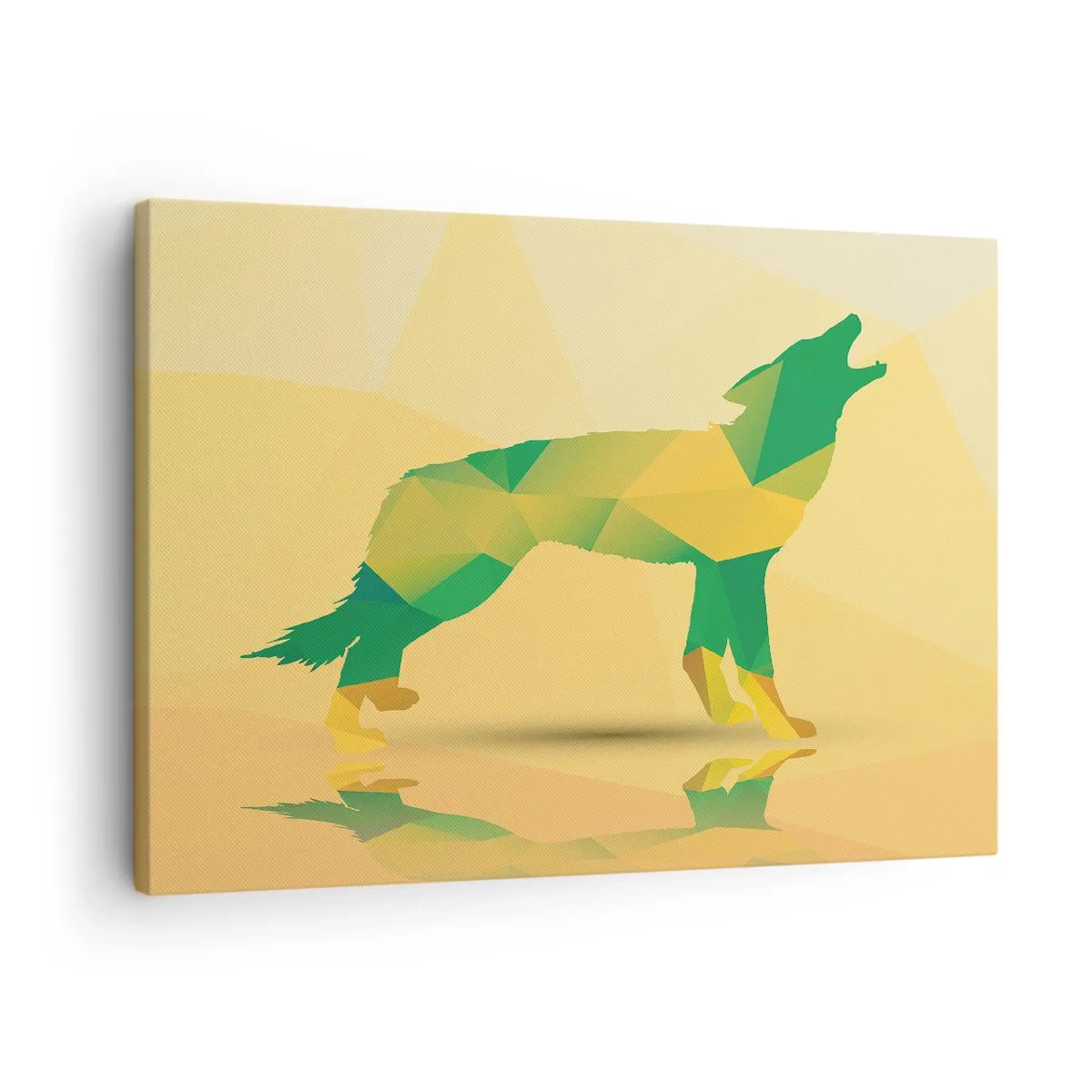 Cuadro sobre lienzo - Impresión de Imagen - Silueta geométrica de lobo en tonos verdes y amarillos. - 70x50cm - Lobo solitario - Decoración de pared moderna para salón y dormitorio ARTTOR