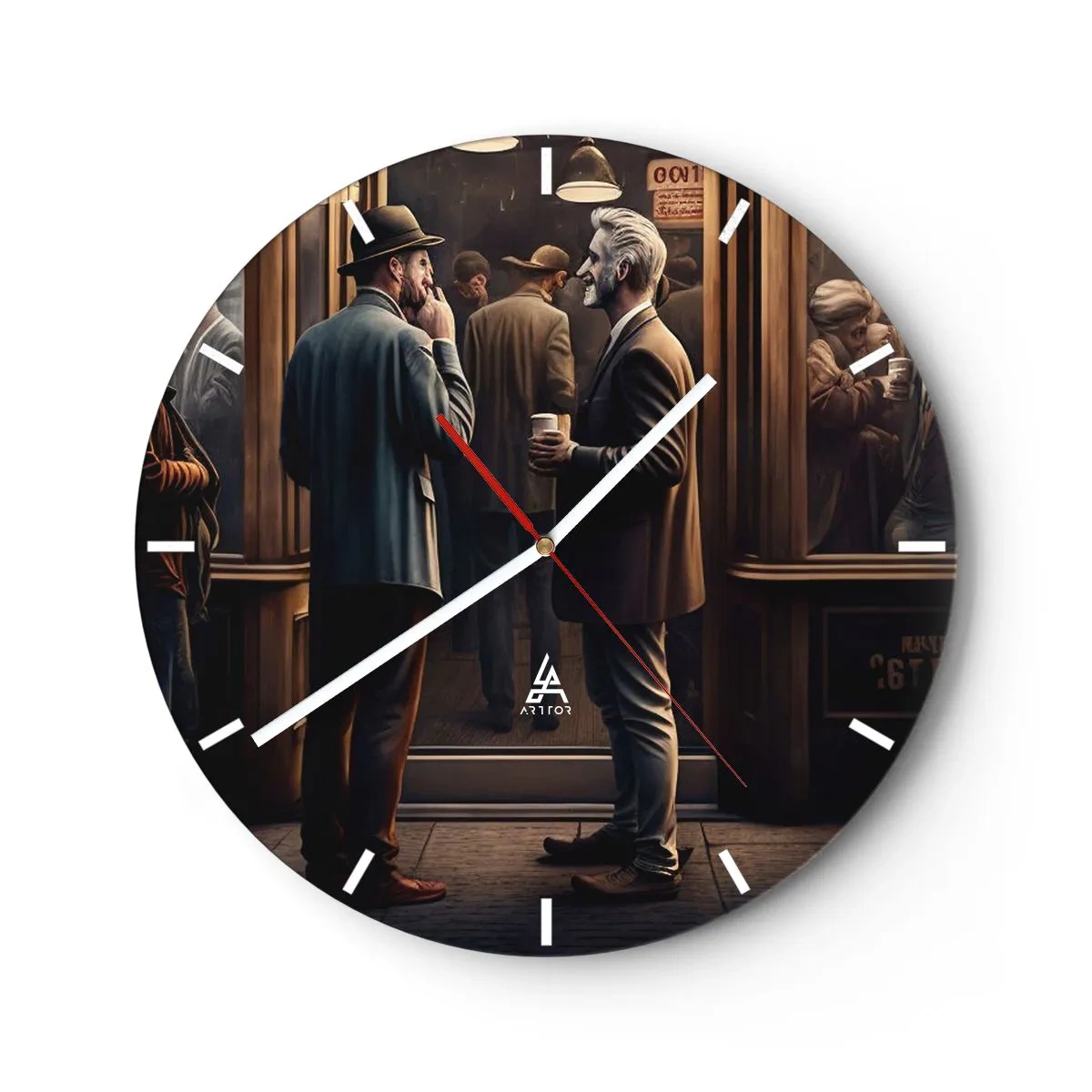 Reloj de pared - Reloj de vidrio - Dos hombres charlando mientras toman un café frente a una cafetería. - 30x30cm - Un buen momento del día - Decoración de pared moderna para salón, cocina y dormitorio ARTTOR