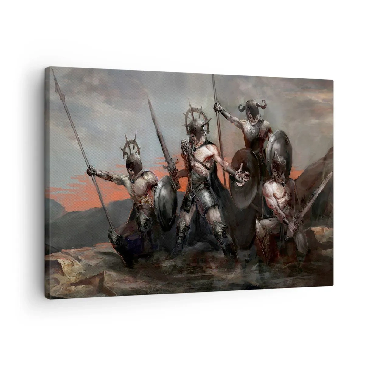Cuadro sobre lienzo - Impresión de Imagen - Un grupo de guerreros con armadura y lanzas con el atardecer como telón de fondo. - 70x50cm - Escudo con escudo - Decoración de pared moderna para salón y dormitorio ARTTOR