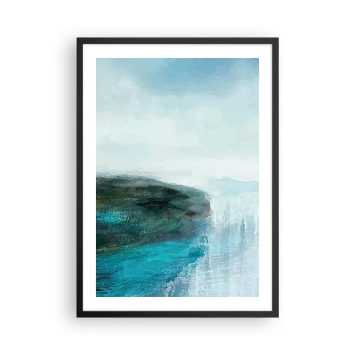 Póster en marco negro - Un paisaje pintoresco con un acantilado sobre el agua en tonos azules. - 50x70cm - Abstracción marina - Decoración de pared moderna para salón y dormitorio ARTTOR