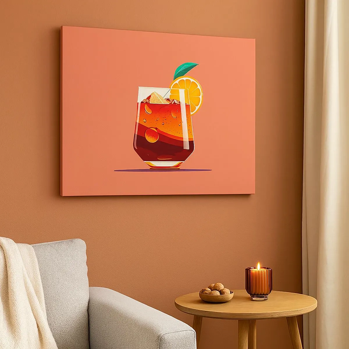Cuadro sobre lienzo - Impresión de Imagen - Un vaso de bebida y una rodaja de naranja sobre un fondo naranja. - 70x50cm - Refresco de verano - Decoración de pared moderna para salón y dormitorio ARTTOR