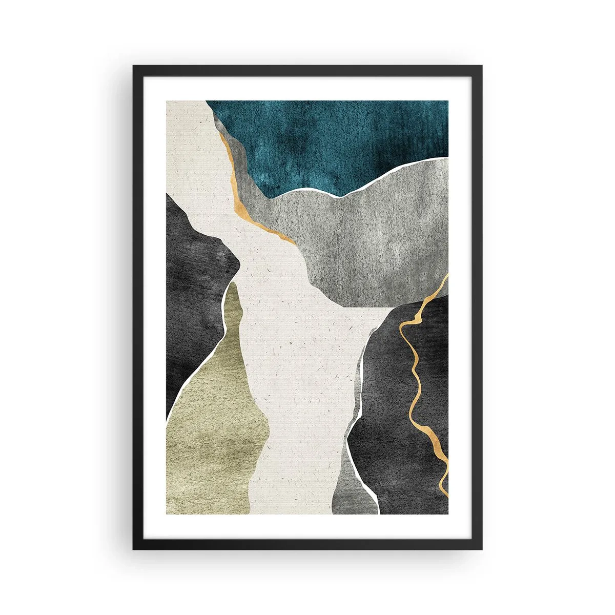 Póster en marco negro - Composición abstracta con formas geométricas - 50x70cm - Composición en mosaico con una hebra de oro - Decoración de pared moderna para salón y dormitorio ARTTOR