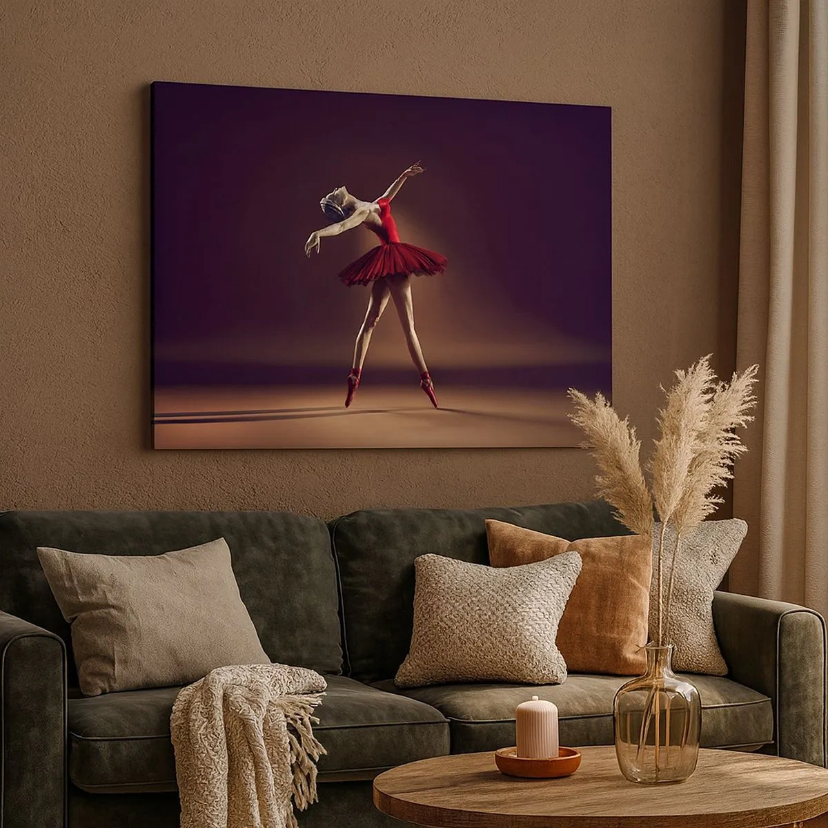 Cuadro sobre lienzo - Impresión de Imagen - Una bailarina de ballet con un vestido rojo frente a un escenario de fondo. - 70x50cm - Primera bailarina - Decoración de pared moderna para salón y dormitorio ARTTOR
