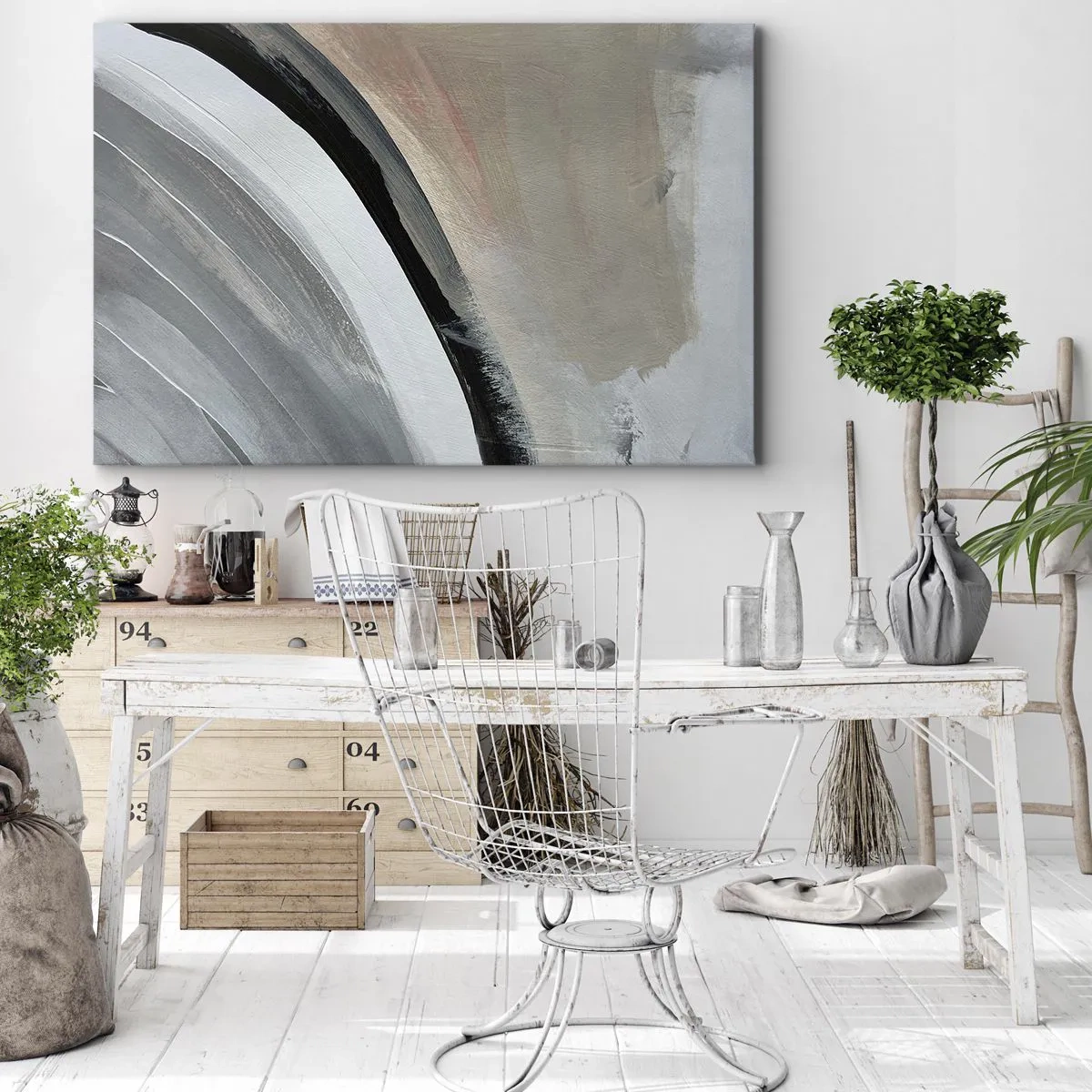 Cuadro sobre lienzo - Impresión de Imagen - Arco abstracto en tonos negro, gris y beige. - 70x50cm - Composición: un arco negro y gris - Decoración de pared moderna para salón y dormitorio ARTTOR