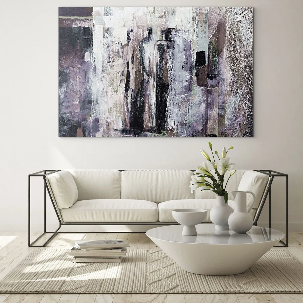 Cuadro sobre vidrio - Impresiones sobre Vidrio - Siluetas abstractas de figuras sobre un fondo de pintura texturizada - 70x50cm - El trío misterioso - Decoración de pared moderna para salón y dormitorio ARTTOR