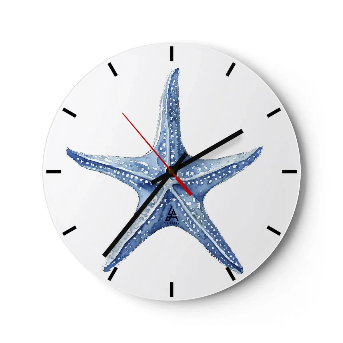 Reloj de pared - Reloj de vidrio - Estrella de mar azul sobre un fondo blanco en estilo acuarela. - 30x30cm - Estrella de mar - Decoración de pared moderna para salón, cocina y dormitorio ARTTOR