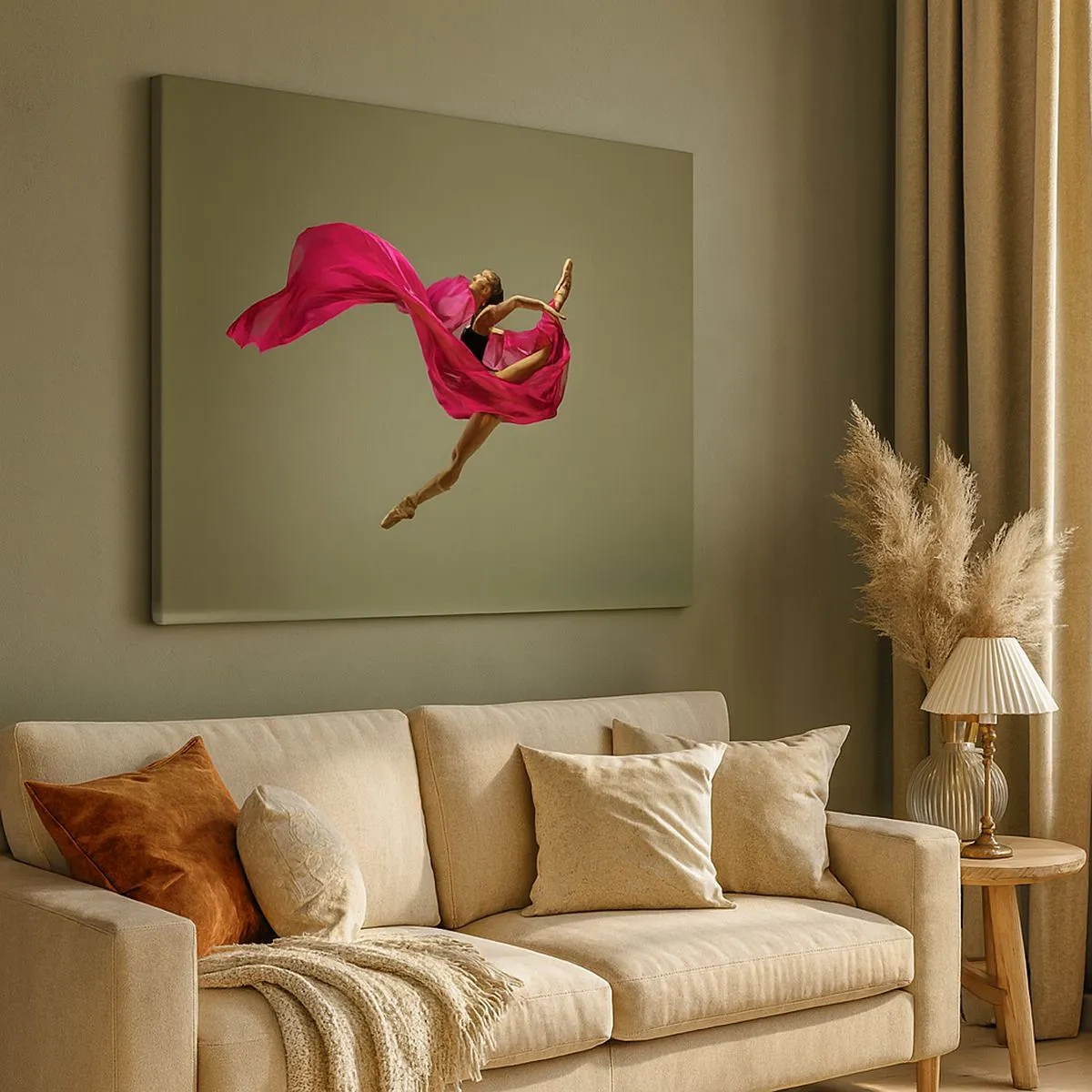 Cuadro sobre lienzo - Impresión de Imagen - Bailarina de ballet en pose dinámica con tela rosa. - 70x50cm - Llama danzante - Decoración de pared moderna para salón y dormitorio ARTTOR