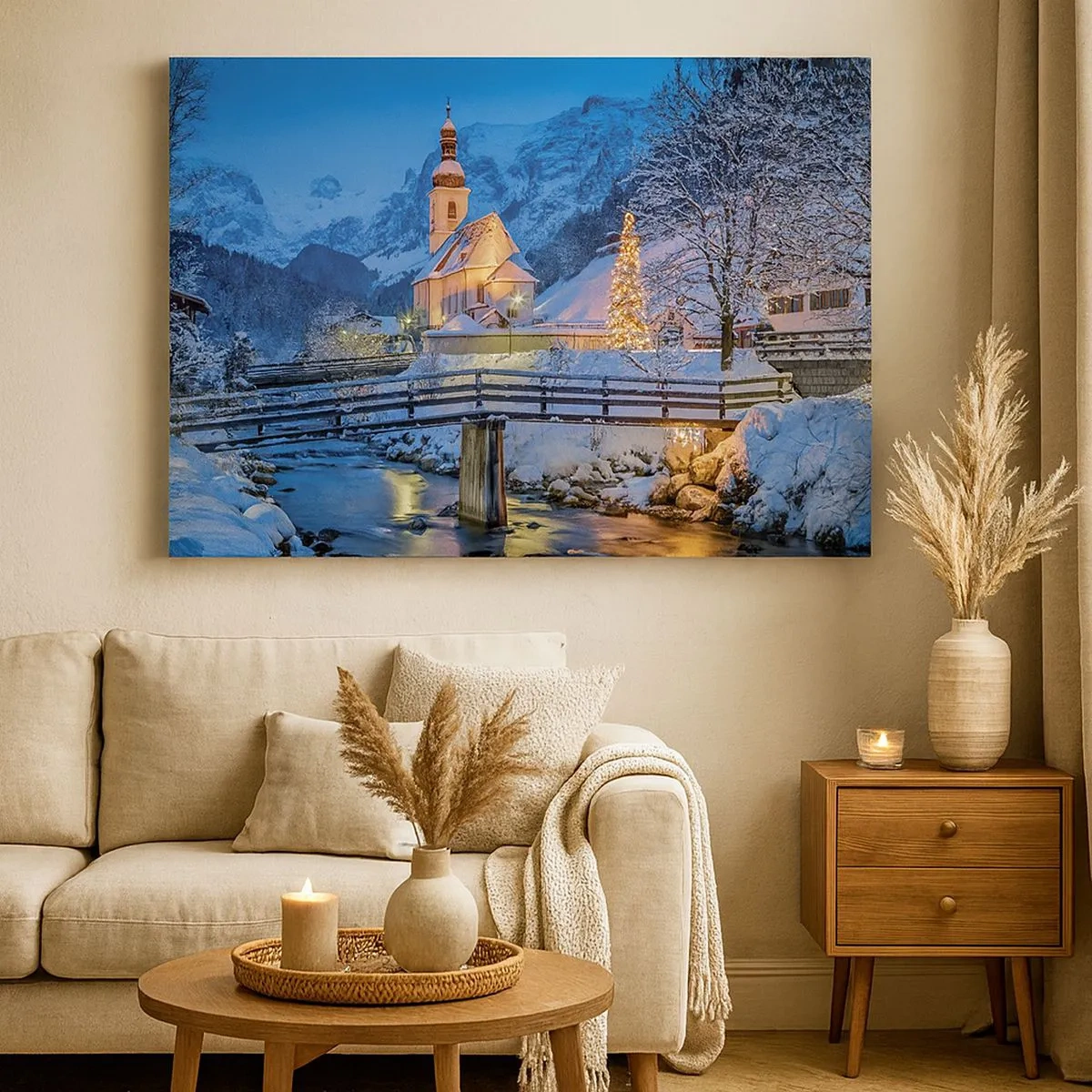 Cuadro sobre lienzo - Impresión de Imagen - Paisaje invernal con una iglesia, un puente y montañas al atardecer - 70x50cm - El espíritu de la Navidad - Decoración de pared moderna para salón y dormitorio ARTTOR