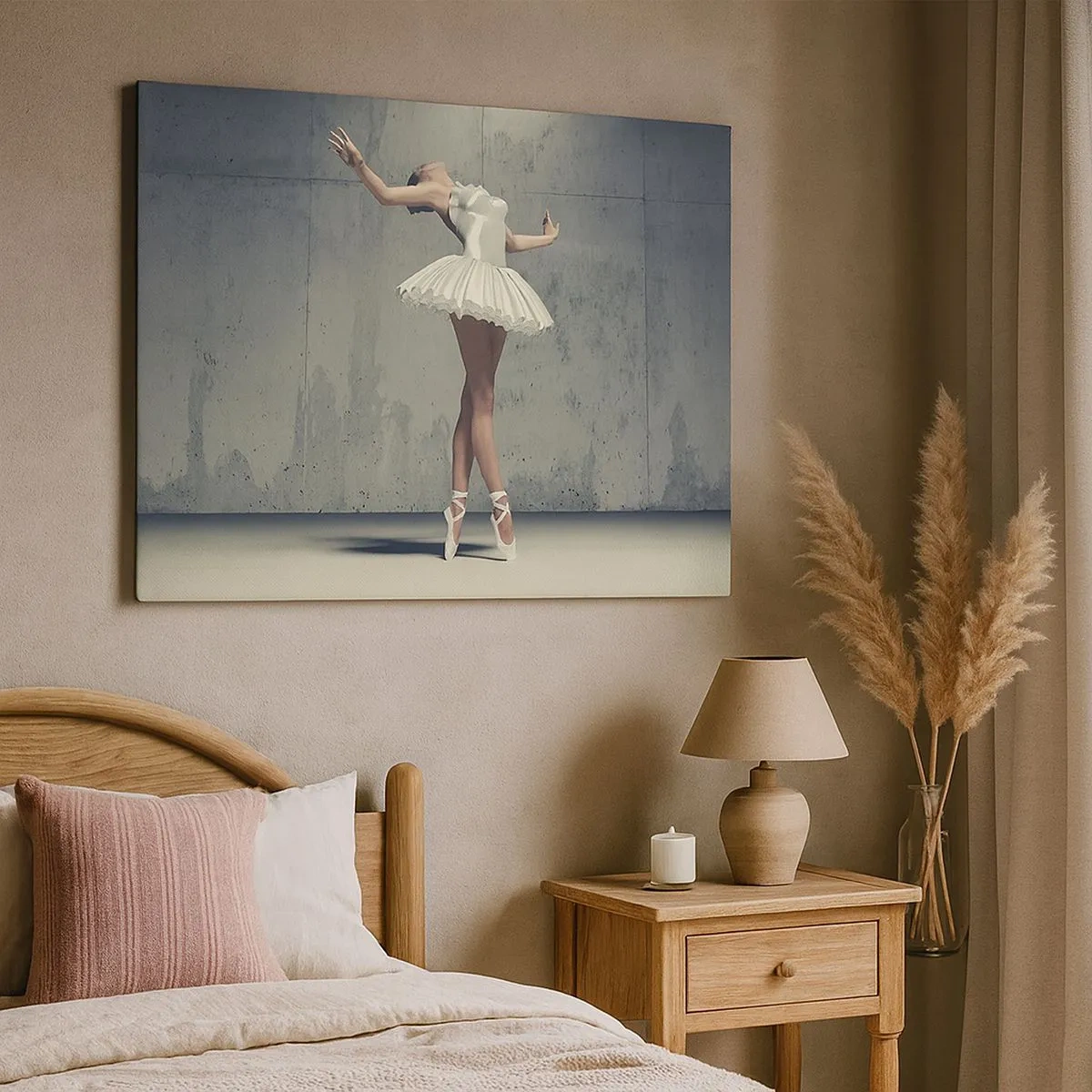 Cuadro sobre lienzo - Impresión de Imagen - Una bailarina de ballet con un vestido blanco frente a una pared sin rematar. - 70x50cm - Ligero como un pájaro - Decoración de pared moderna para salón y dormitorio ARTTOR