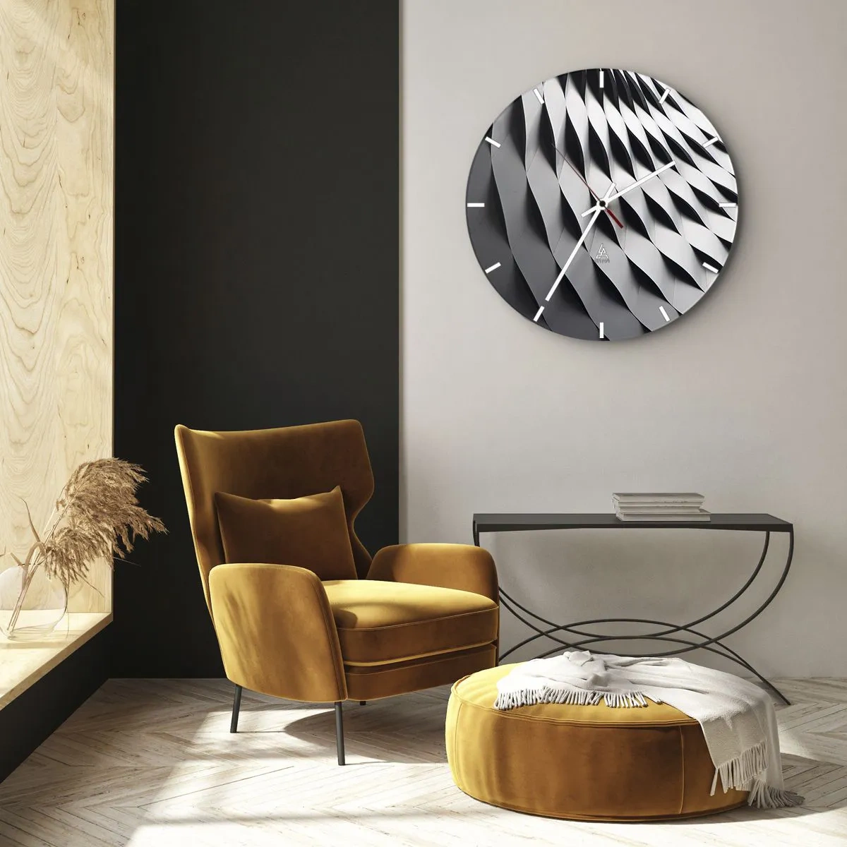 Reloj de pared - Reloj de vidrio - Patrón de estructura arquitectónica ondulada en blanco y negro - 30x30cm - En la superficie de las ondas - Decoración de pared moderna para salón, cocina y dormitorio ARTTOR