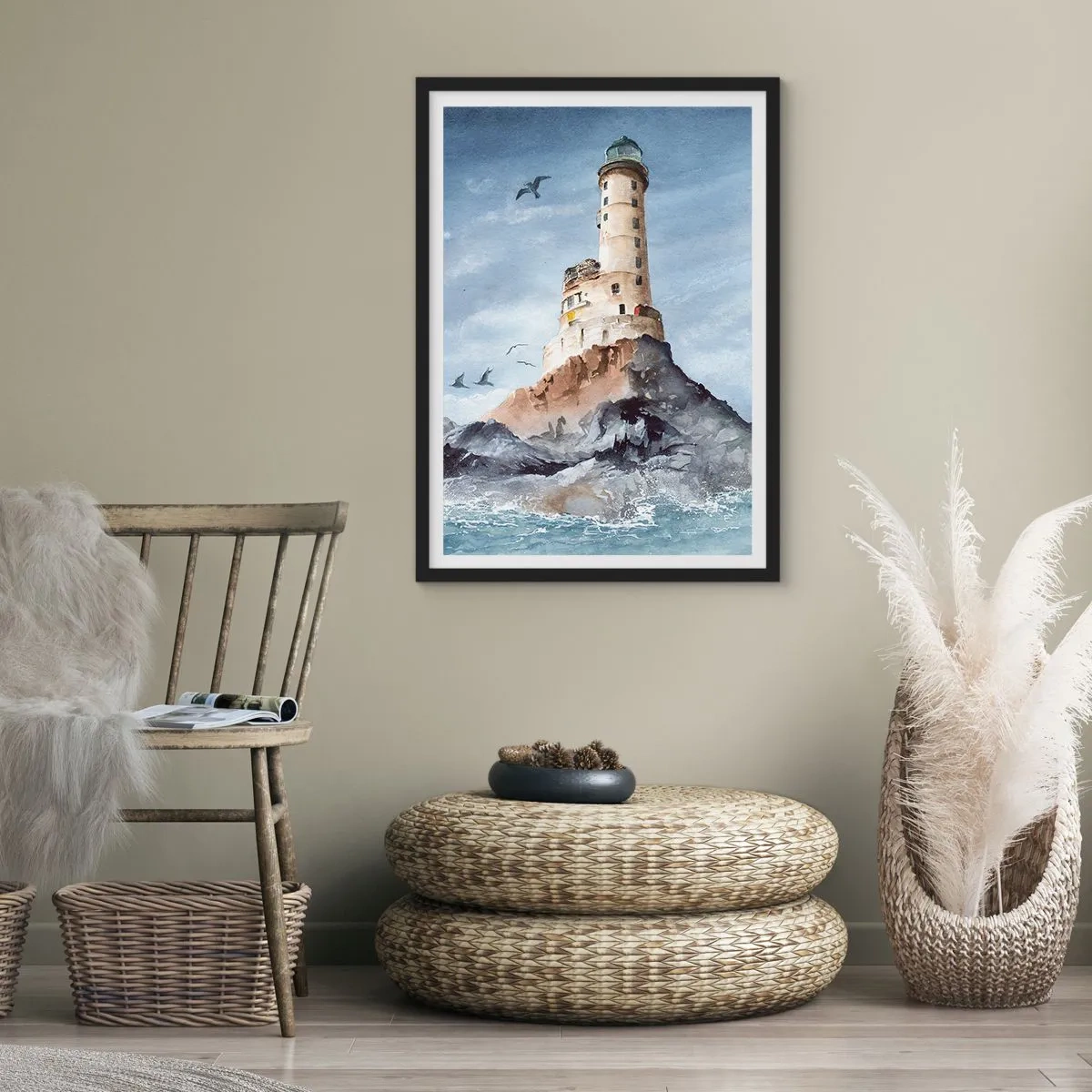 Póster en marco negro - Una pintura de acuarela de un faro en una costa rocosa. - 50x70cm - Invencible - Decoración de pared moderna para salón y dormitorio ARTTOR