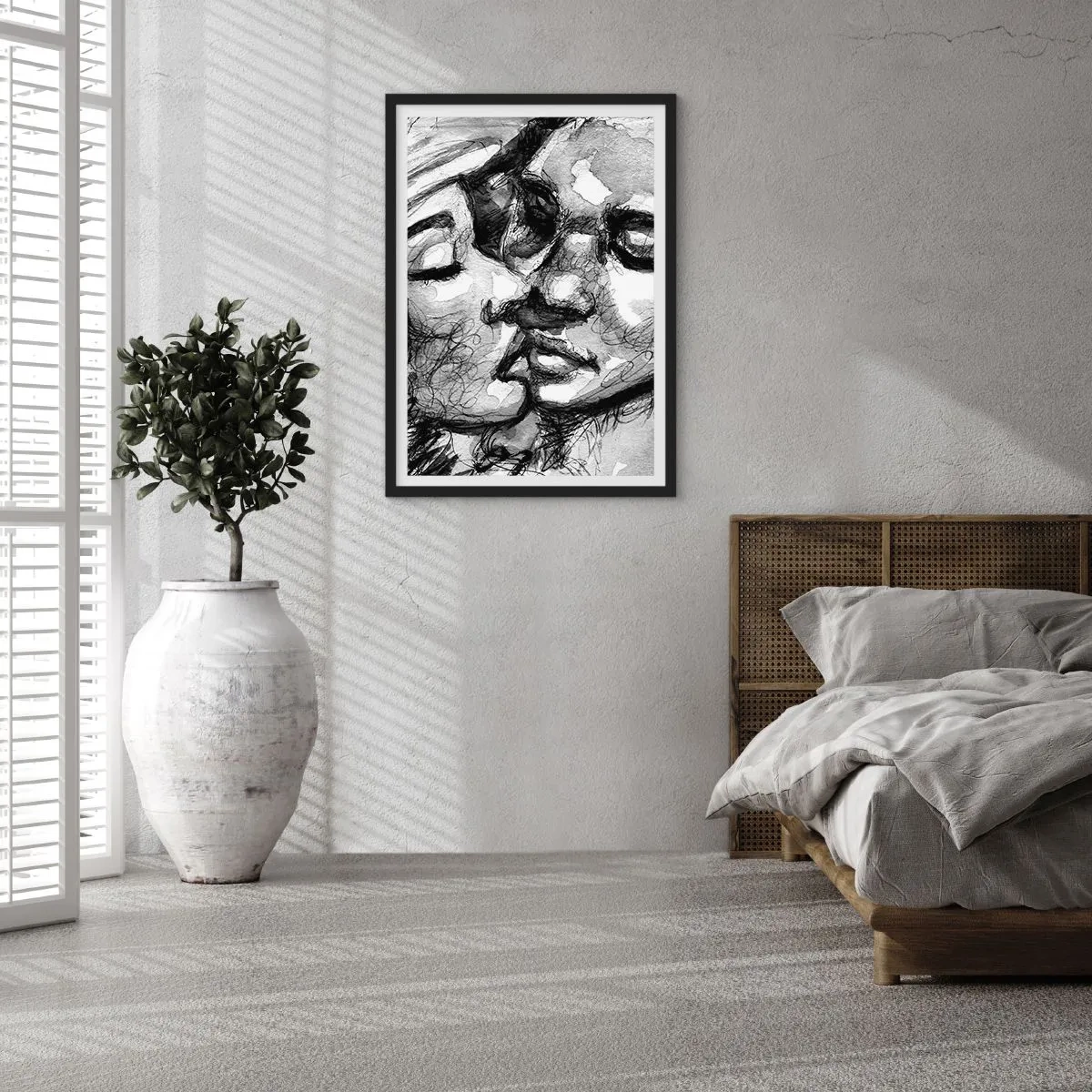 Póster en marco negro - Retrato abstracto en blanco y negro de un beso - 50x70cm - Un momento tierno - Decoración de pared moderna para salón y dormitorio ARTTOR