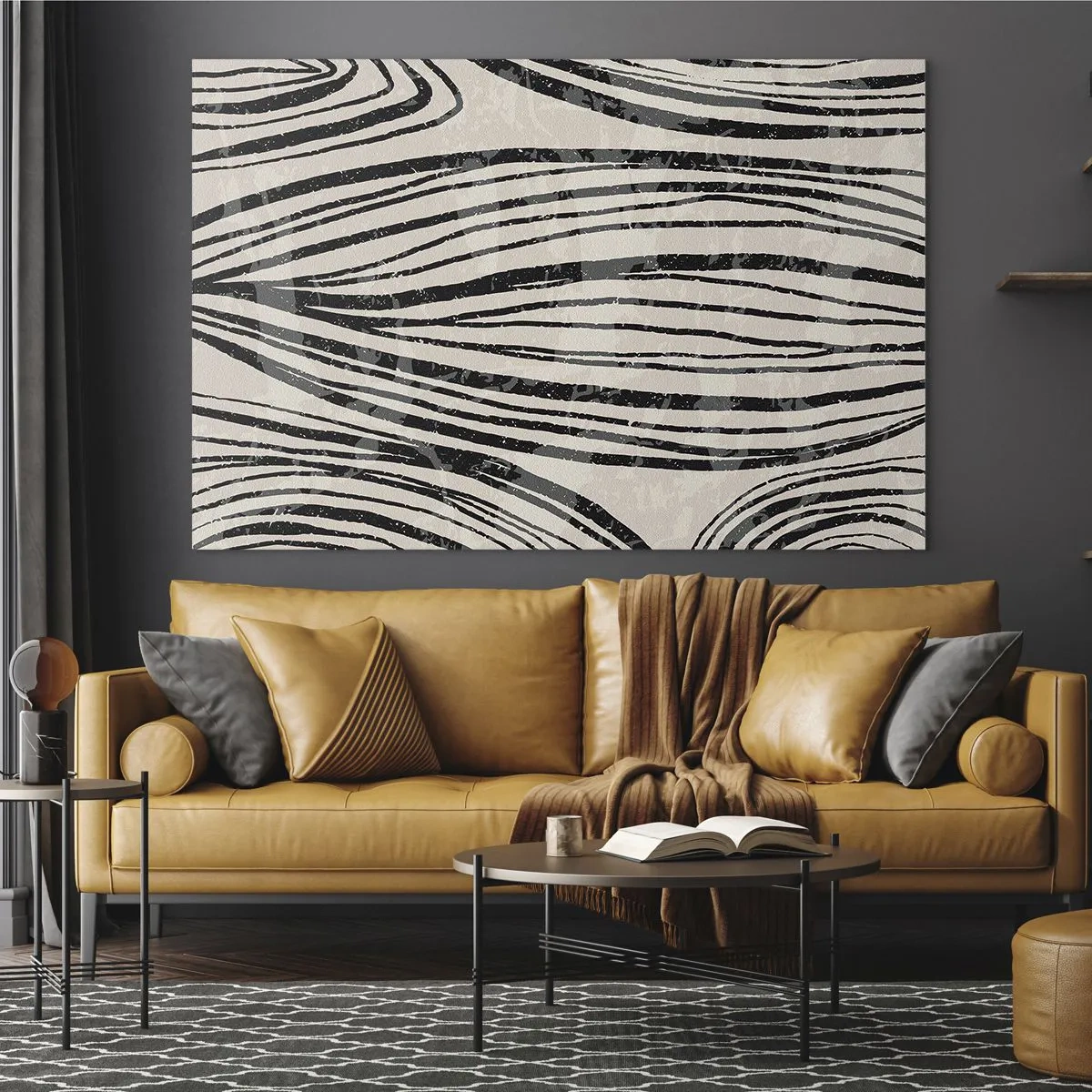 Cuadro sobre vidrio - Impresiones sobre Vidrio - Ondas de líneas negras sobre un fondo claro - 70x50cm - Salpicadura de líneas - Decoración de pared moderna para salón y dormitorio ARTTOR