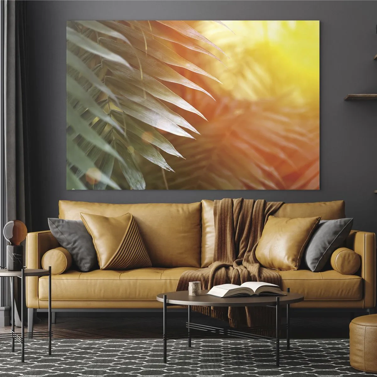 Cuadro sobre vidrio - Impresiones sobre Vidrio - Hojas de palmera bajo el resplandor del sol de la mañana en un entorno tropical. - 70x50cm - Mañana en la selva - Decoración de pared moderna para salón y dormitorio ARTTOR