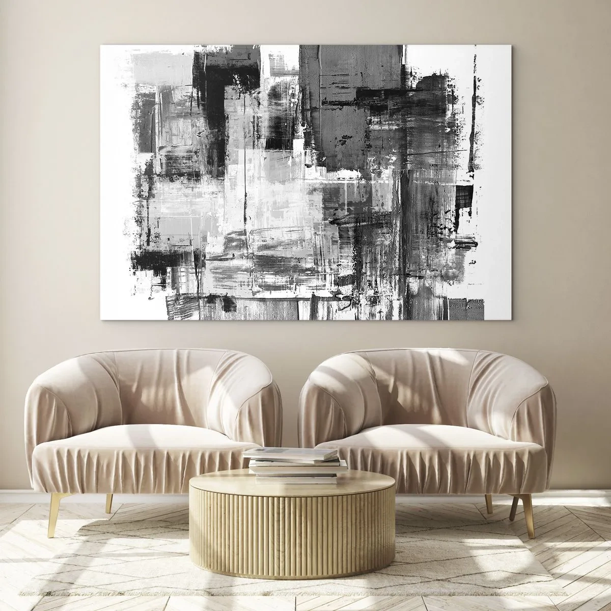 Cuadro sobre vidrio - Impresiones sobre Vidrio - Abstracción en blanco y negro con estructura geométrica. - 70x50cm - El gris es hermoso - Decoración de pared moderna para salón y dormitorio ARTTOR