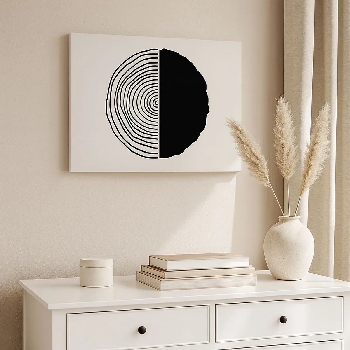 Cuadro sobre lienzo - Impresión de Imagen - Un motivo abstracto en blanco y negro inspirado en una sección transversal de madera con una división geométrica. - 70x50cm - Mitad y mitad - Decoración de pared moderna para salón y dormitorio ARTTOR