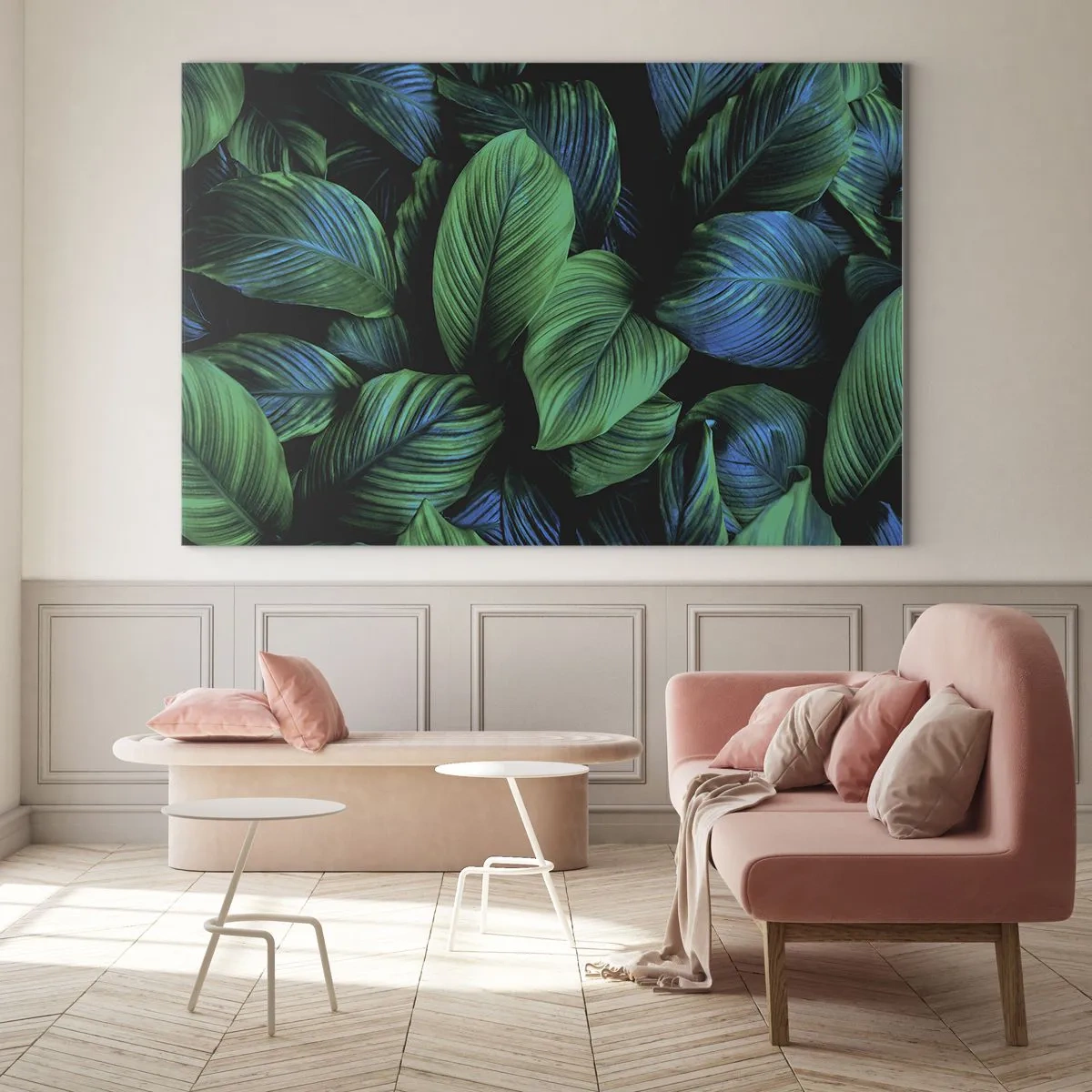 Cuadro sobre vidrio - Impresiones sobre Vidrio - Primer plano de hojas en intensos tonos verdes. - 70x50cm - En la multitud verde - Decoración de pared moderna para salón y dormitorio ARTTOR