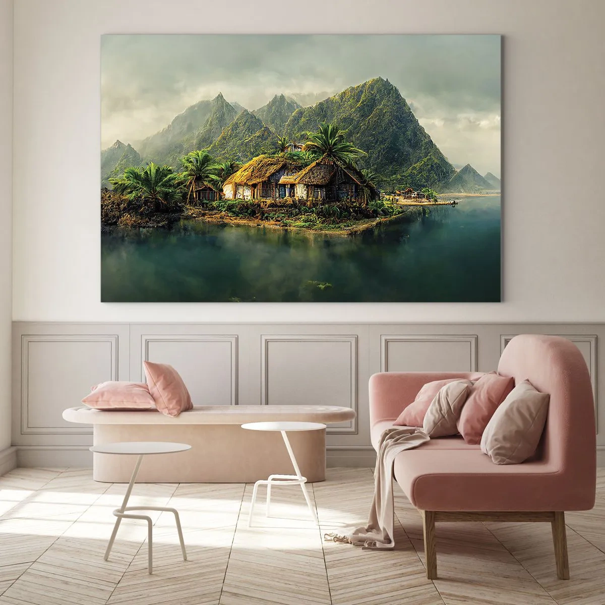 Cuadro sobre vidrio - Impresiones sobre Vidrio - Un pueblo tropical junto al agua rodeado de montañas y palmeras. - 70x50cm - Paraíso tropical - Decoración de pared moderna para salón y dormitorio ARTTOR