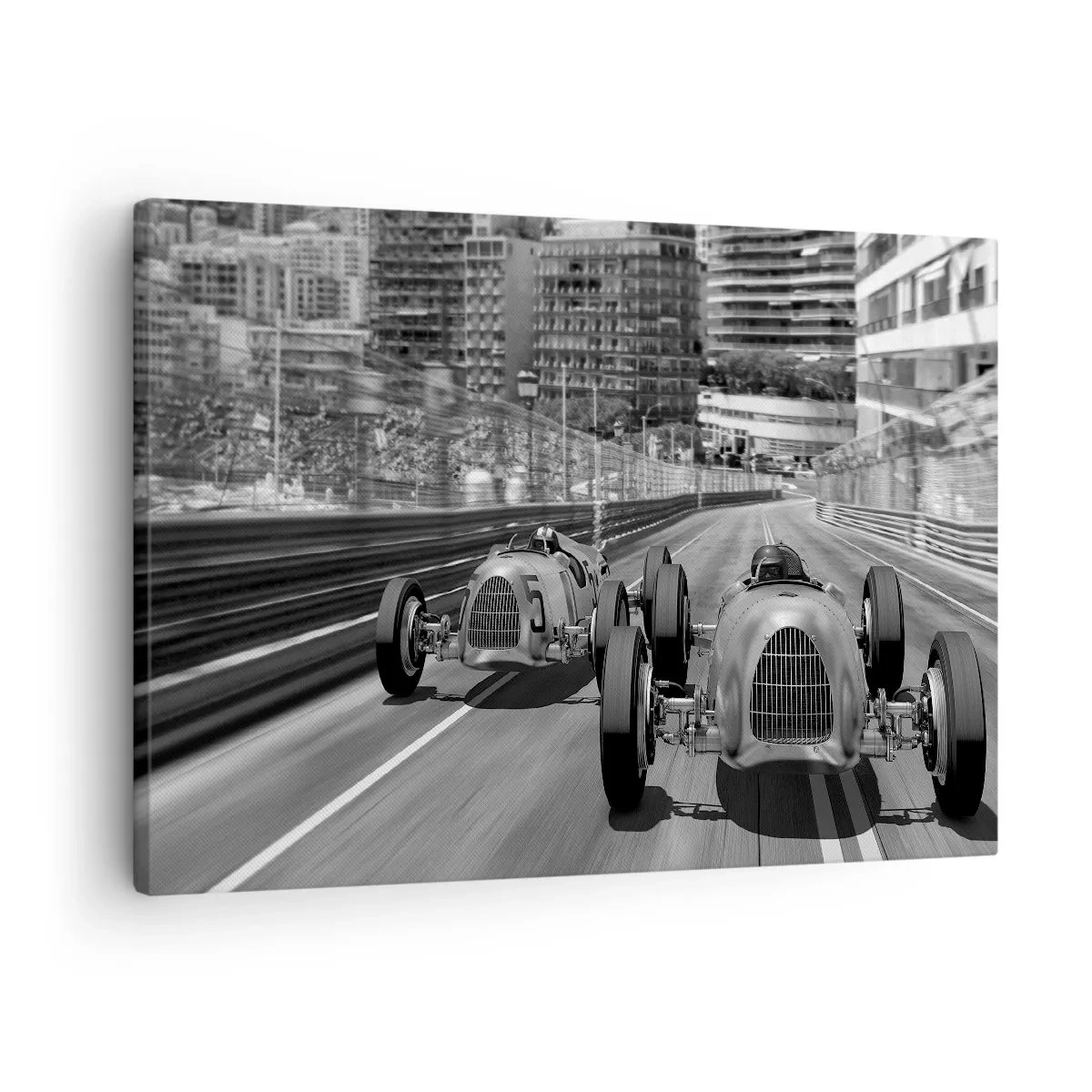 Cuadro sobre lienzo - Impresión de Imagen - Escena de carrera de coches retro monocromática - 70x50cm - Érase una vez en Montecarlo - Decoración de pared moderna para salón y dormitorio ARTTOR